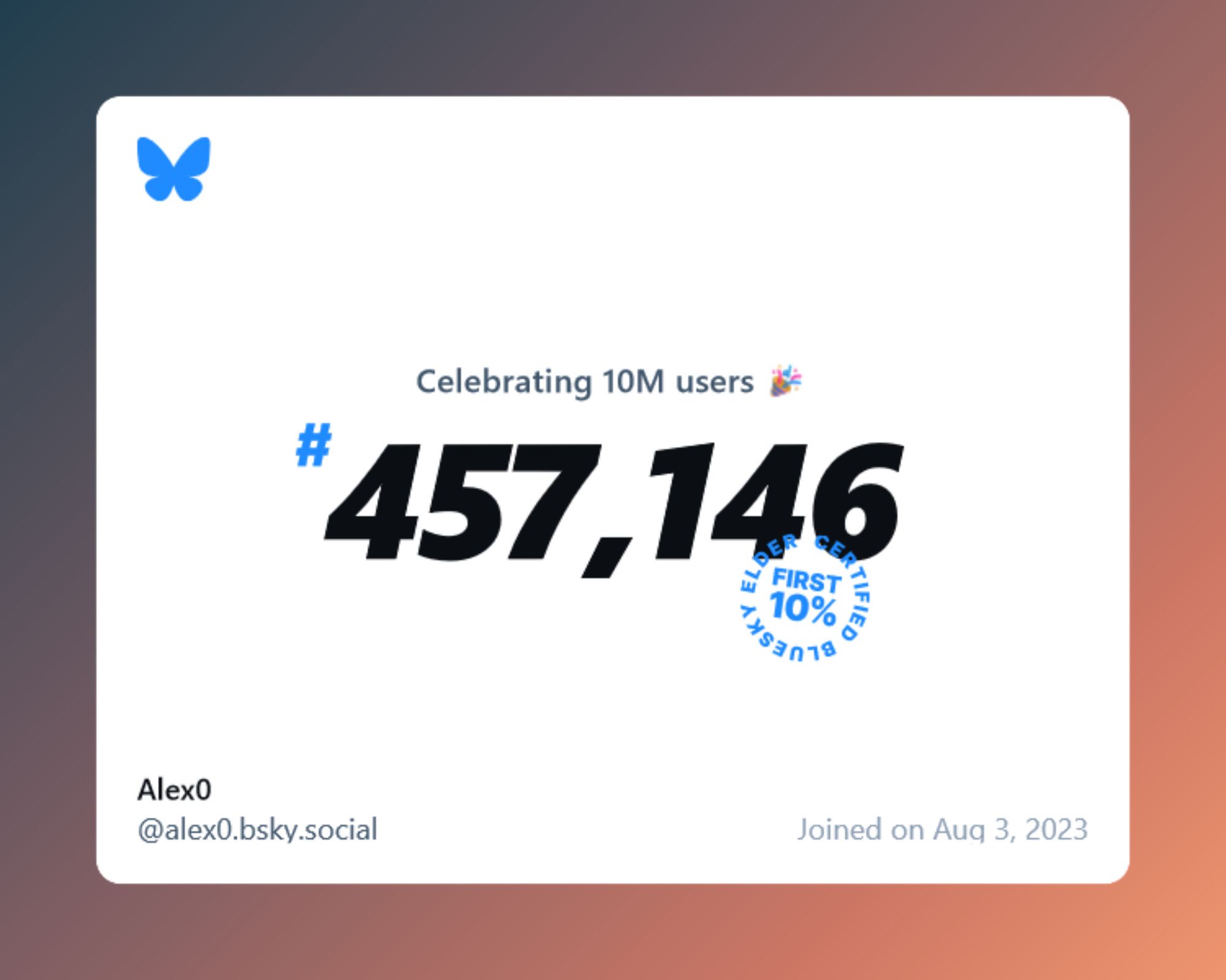 A virtual certificate with text "Celebrating 10M users on Bluesky, #457,146, Alex0 ‪@alex0.bsky.social‬, joined on Aug 3, 2023"