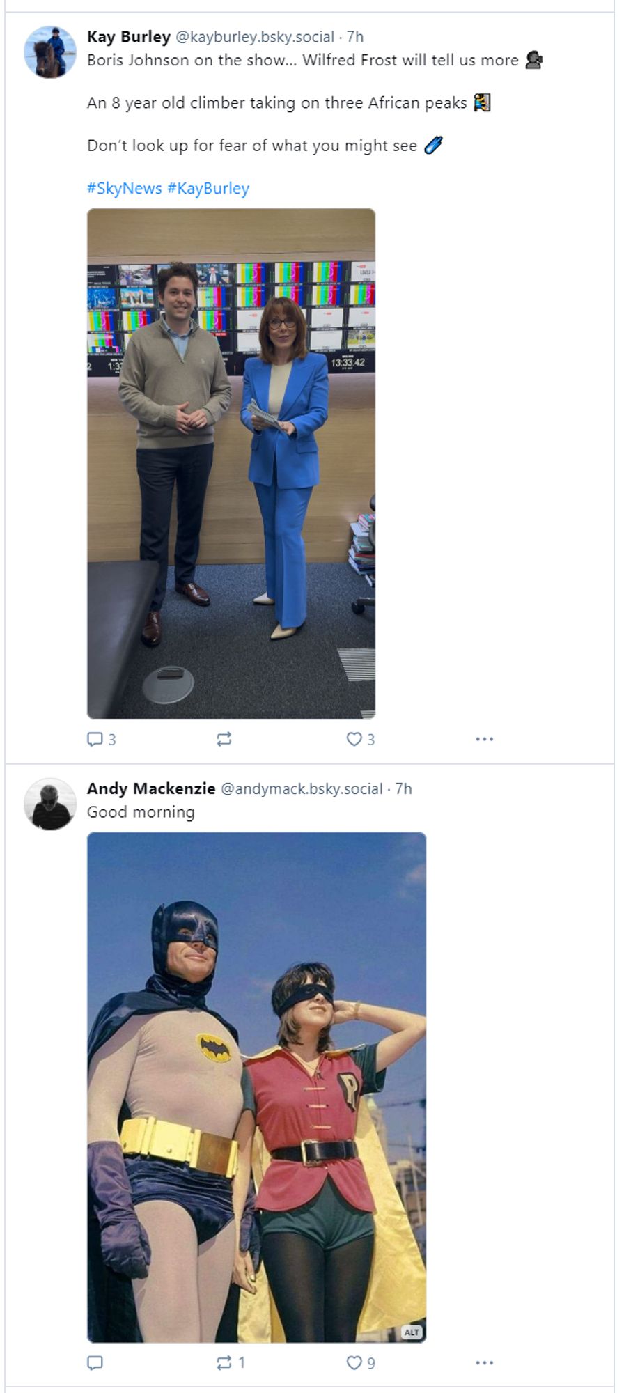 Two adjacent posts, Kay Burley stood with a male colleague, then post from Andy Mackenzie with man and woman in Batman & Robin costumes.