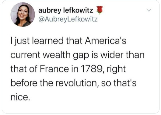 Tweet from @aubreylefkowitz
I just learned that America's current wealth gap is wider than that of France in 1789, right before the resolution, so that's nice.