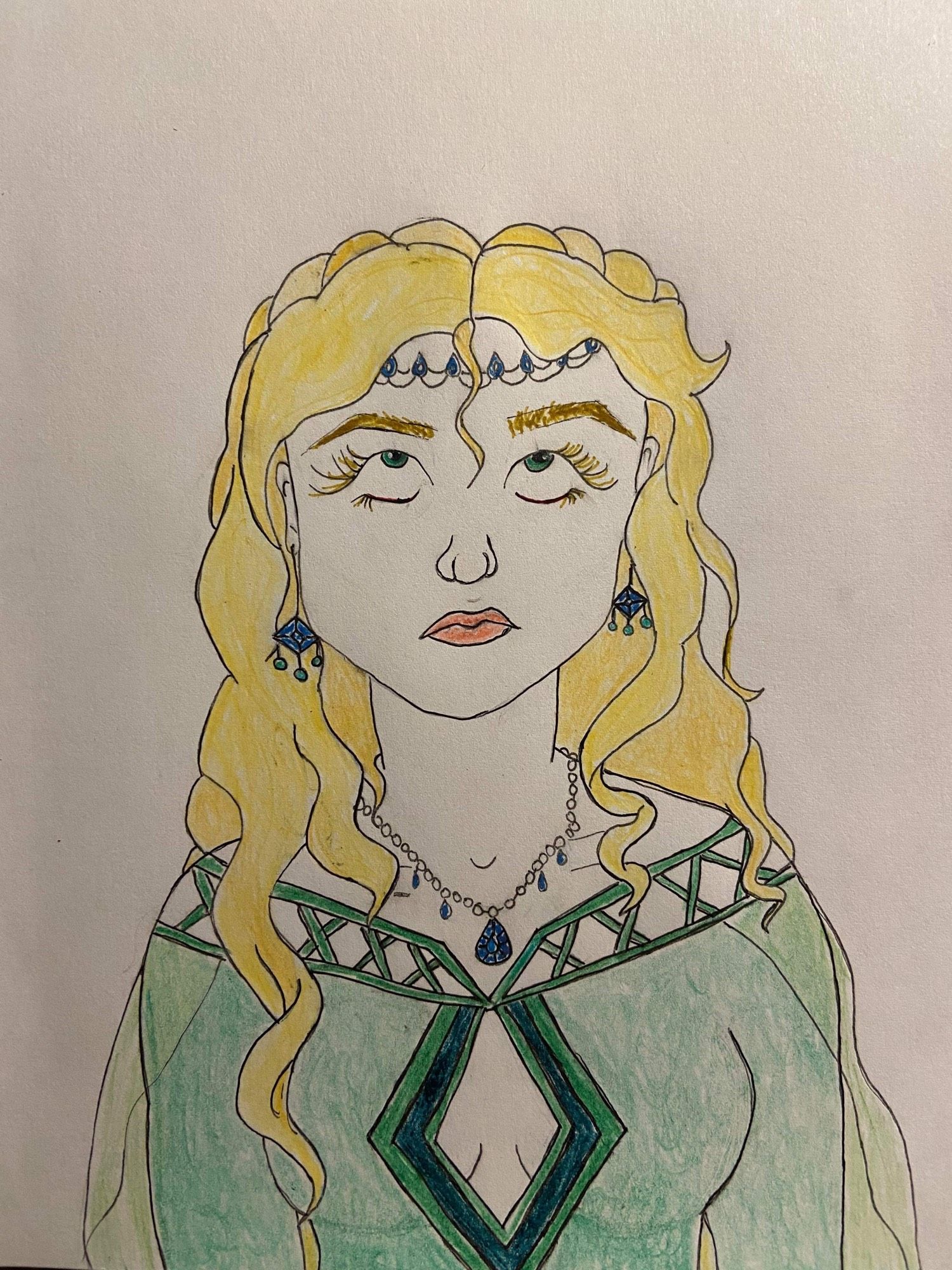 This drawing of Cersei is the same image as the painting, it’s just cleaner and I like the colours better in it. 

She’s scowling and looking up at the loose curl that has fallen right down the middle of her face.