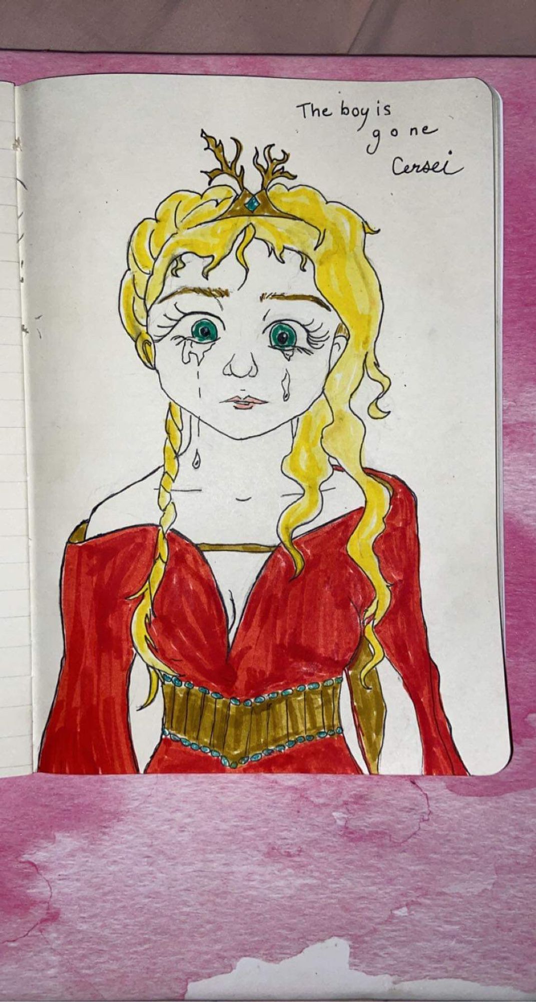 Another drawing of Cersei looking completely dishevelled and crying. There’s a quote that reads: “The boy is gone Cersei.”