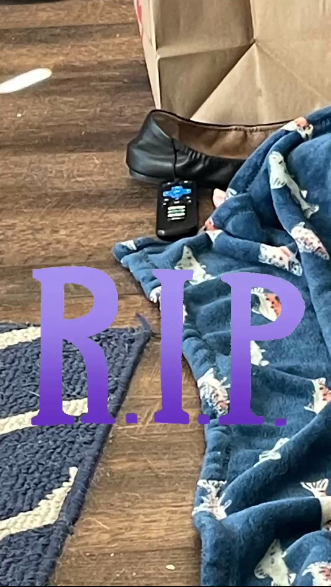 A picture of a living room floor with a remote lying sadly on it. Says RIP underneath.