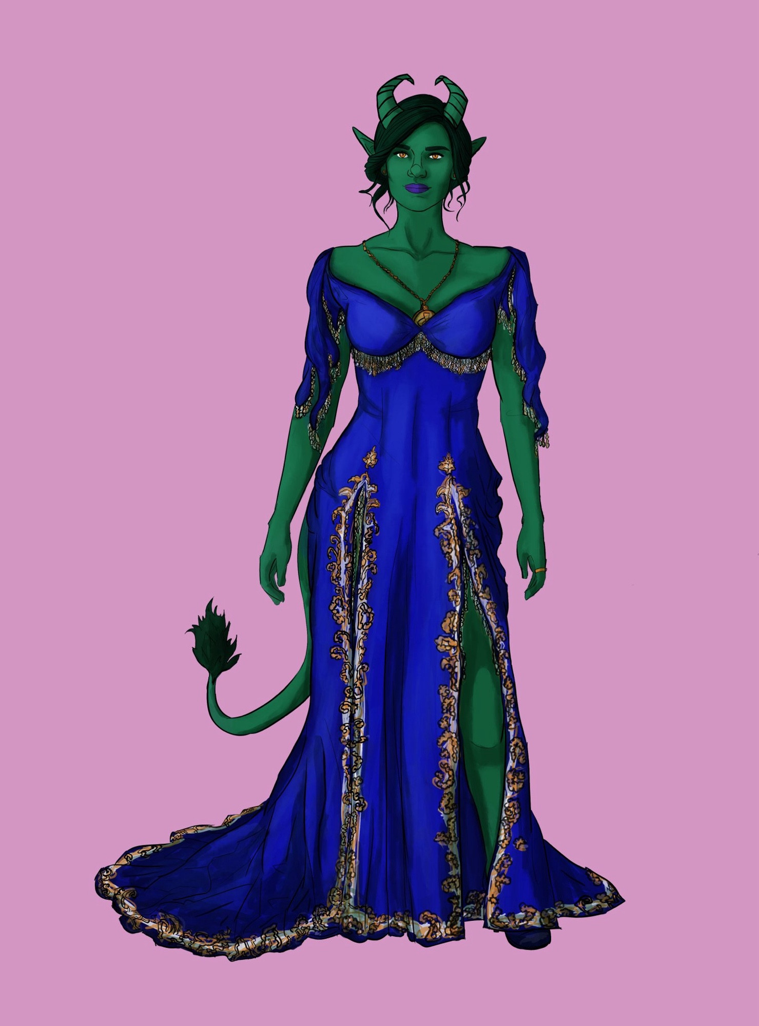 A green tiefling woman in a fancy blue dress. 