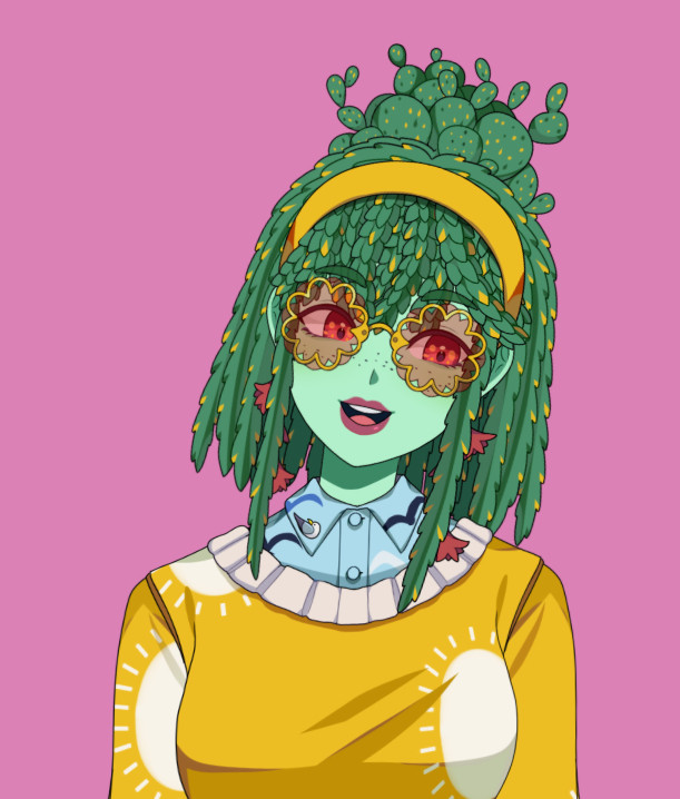 A green-skinned Vtuber with cactus shaped hair and flower-shaped glasses!