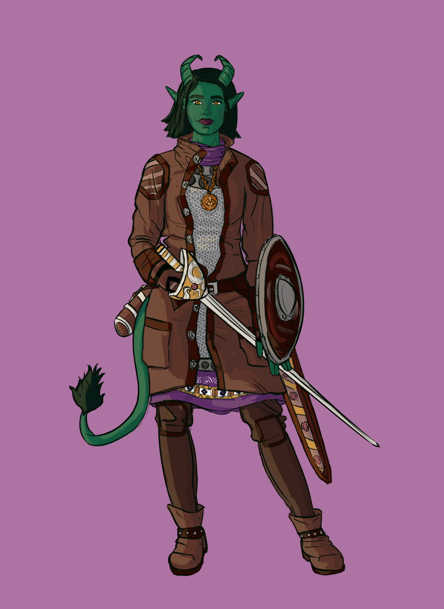 A green tiefling woman in leather armor and a chain shirt, holding a rapier and a buckler shield.