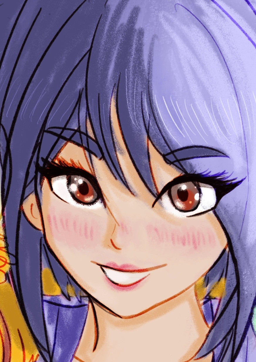 A closeup of Sheena Fujibayashi, smiling wide with sparkling brown eyes. 