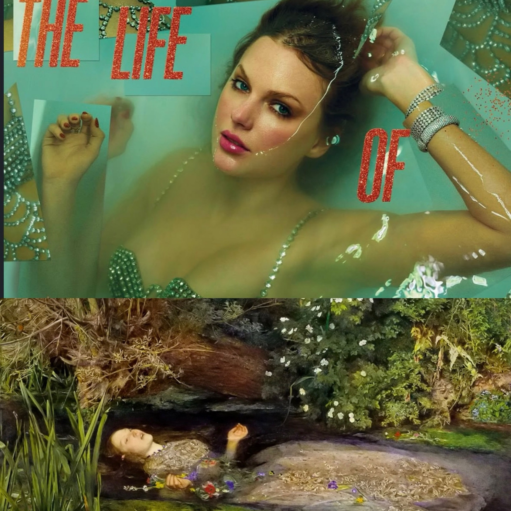 A picture of Taylor Swift‘s new album cover “The Life of a Showgirl” alongside Sir John Everett Millais painting of Ophelia. 
