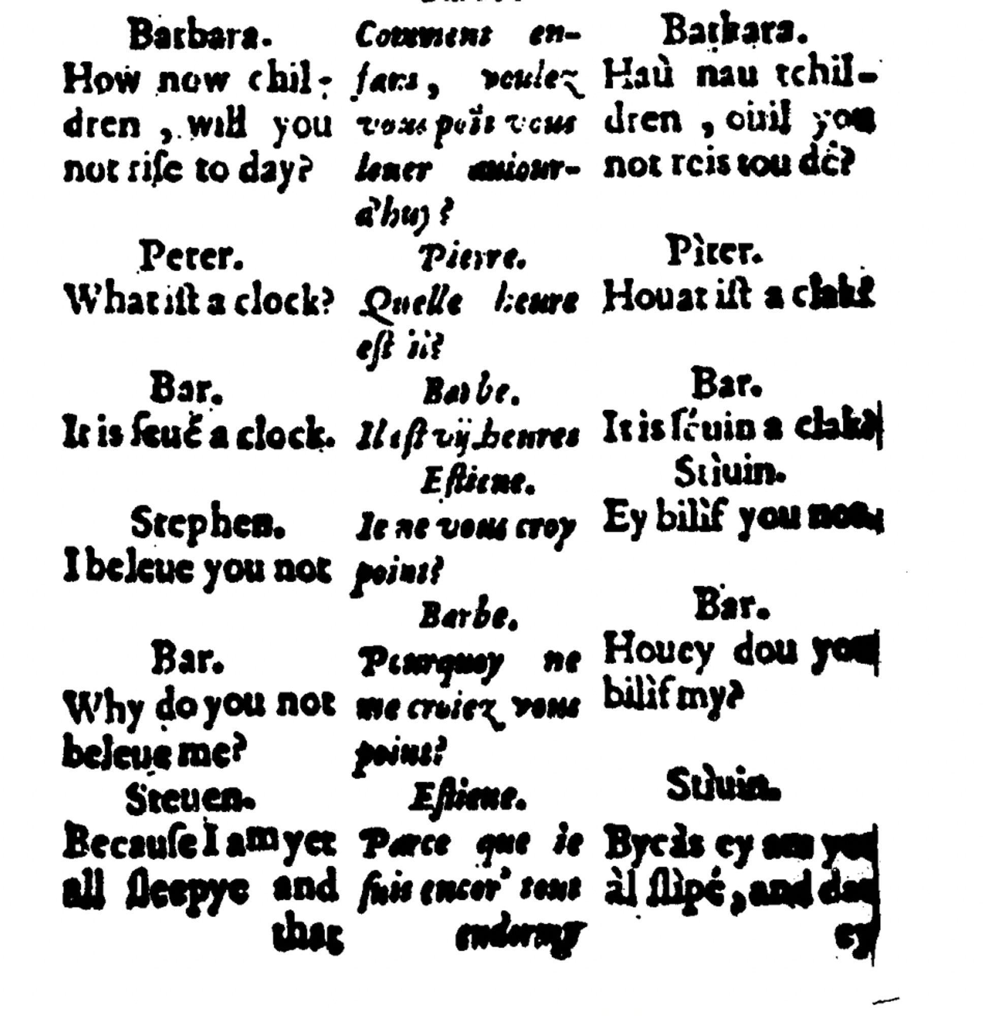 Barbara.
Barbe.
Barbara.
How now children, will you not rise to day?	Comment enfans, voulez vous point vous leuer auiourd'huy?	Haù nau tchildren, ouil you not reis tou dê?
Peter.
Pierre.
Pìter.
What ist a clock?	Quelle heure est il?	Houat ist a clak?
Bar.
Barbe.
Bar.
It is seuen a clock.	Il est vij heures	It is séuin a clak.
Stephen.
Estiene.
Stìuin.
I beleue you not.	Ie ne vous croy point?	Ey bilìf you not.
Bar.
Barbe.
Bar.
Why do you not beleue me?	Pourquoy ne me croiez vous point?	Houey dou you bilìf my?
Steuen.
Estienne.
Stìuin.
Because I am yet all sleepye and that I am accustomed to awake alwayes at fiue of the clocke.	Parce que ie suis encor' tout endormy stumé de m'esueiller tousiours à cinq heures.	Bycàs ey am yet àl slìpé, and dat ey am acostuméd tou aouêk àl ouês at feif of dé clak.