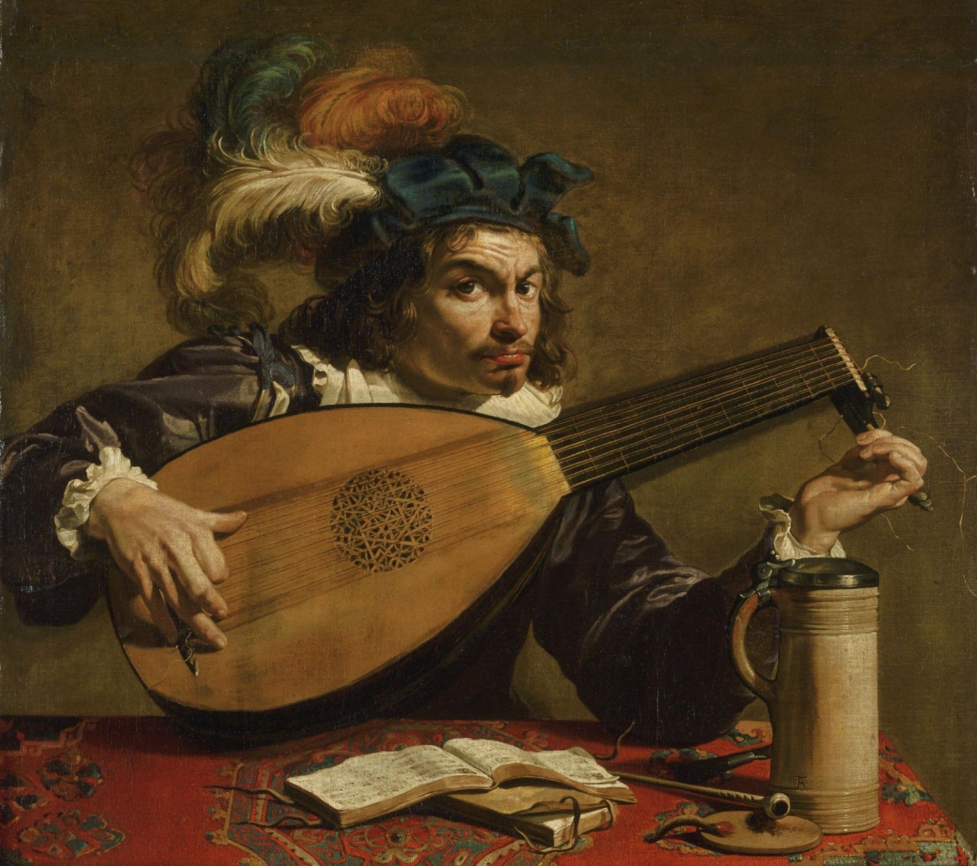 A man with a feathered hat tunes a lute, by Theodore Rombouts (1625)