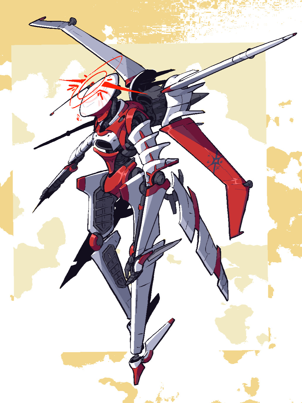 A mech colored in red and white. Its limbs are thin like wings, and on its back is a jet pack in the form of an X. Its head has a red halo in the shape of an eye