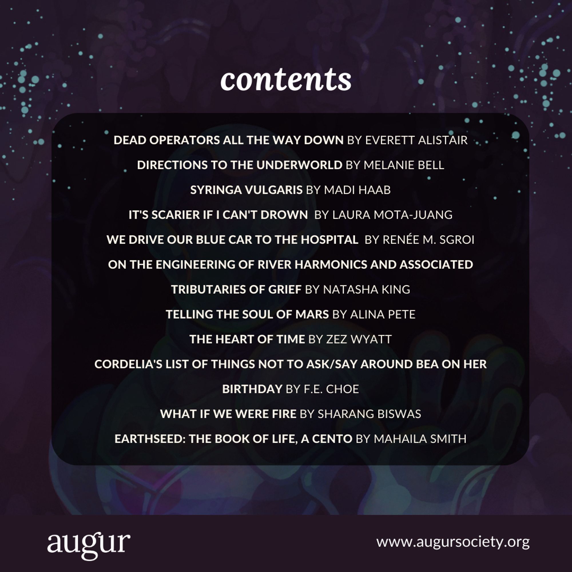 A purple background showcases a blue, glowing robot. In the center of the image is a translucent black square with the titles and author names of the pieces included in issue 7.2. A purple bar appears at the bottom with the augur logo on the left of it and the url to the augur website on the right. Blue confetti falls from the top right and left corners.