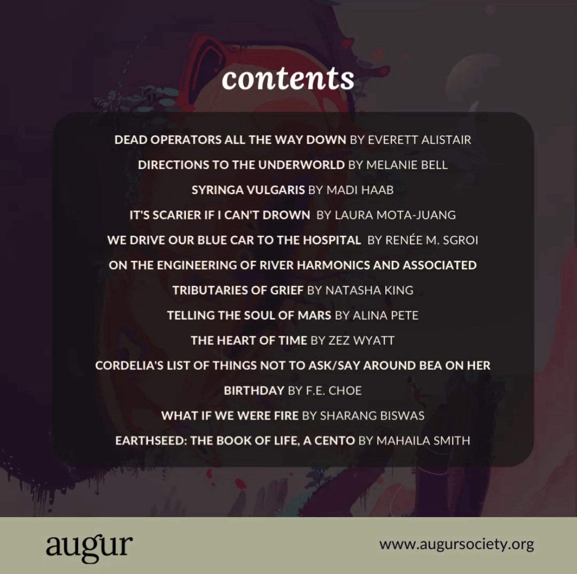 The background showcases a the cover art of Issue 7.2. In the center of the image is a translucent square with the titles and author names of the pieces included in issue 7.2. A solid bar appears at the bottom with the augur logo on the left of it and the url to the augur website on the right."