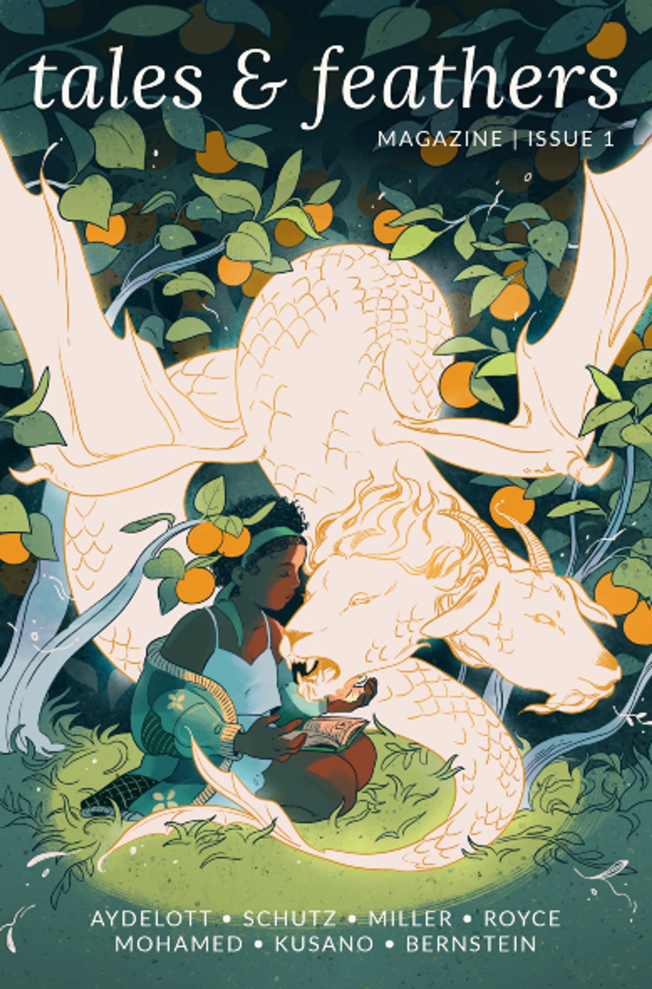 The cover of Tales & Feathers Issue 1, by Jade Zhang. A young black girl wearing a white, loose tank top and skirt, as well as a comfy sweater, reads a book in the company of a lion-snake. They are surrounded, together, by orange fruit that may be mangos or oranges.