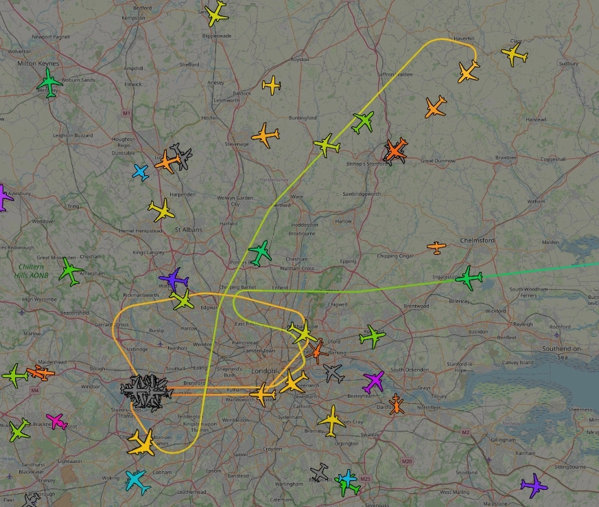 ADS-B tracker showing a plane that got diverted to Stansted airport after failing to land at Heathrow airport twice.