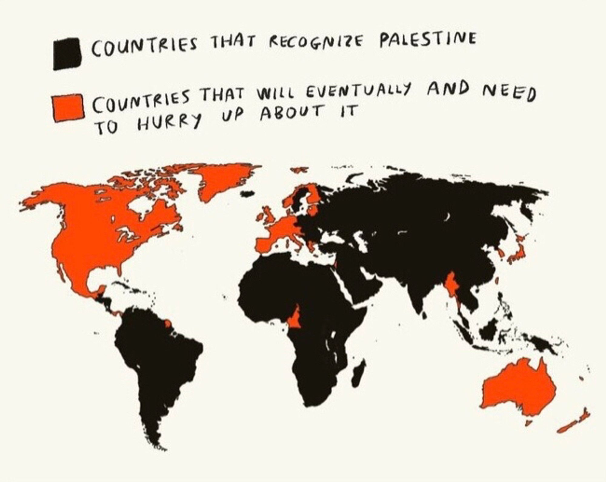 The illustration of a world map on which the countries are marked in red and black. 
Black stands for recognizing Palestine, Red stands for Countries that will eventually and need to hurry up about it.

@anu.paajanen on Instagram