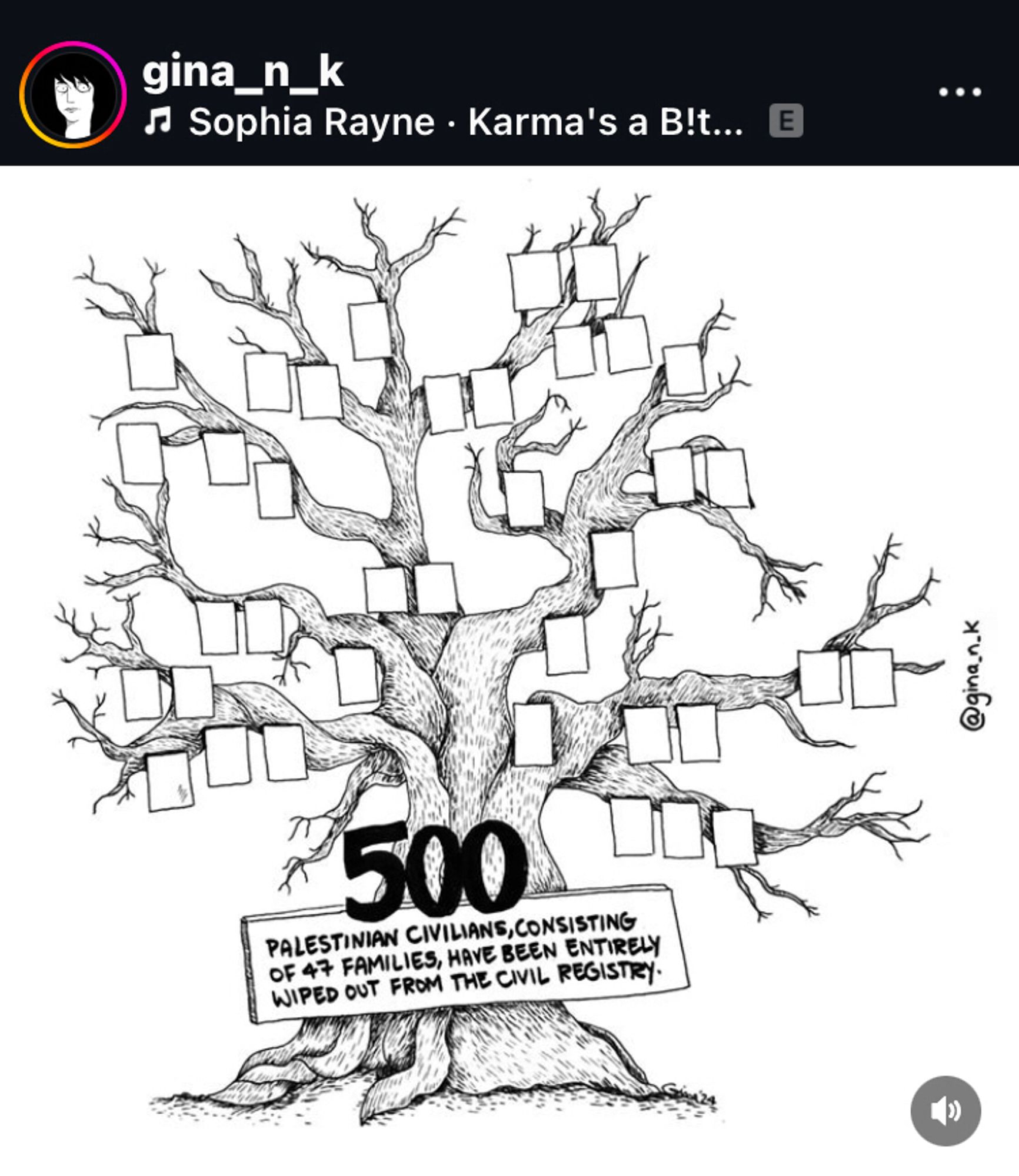 A b/w Illustration from gina_n_k on Instagram.
It shows a leafless tree with many blank white slips of paper hanging from it.
The text: 500 palestinian civilians, consisting of 47 families, have been entirely wiped out from the civil registry.