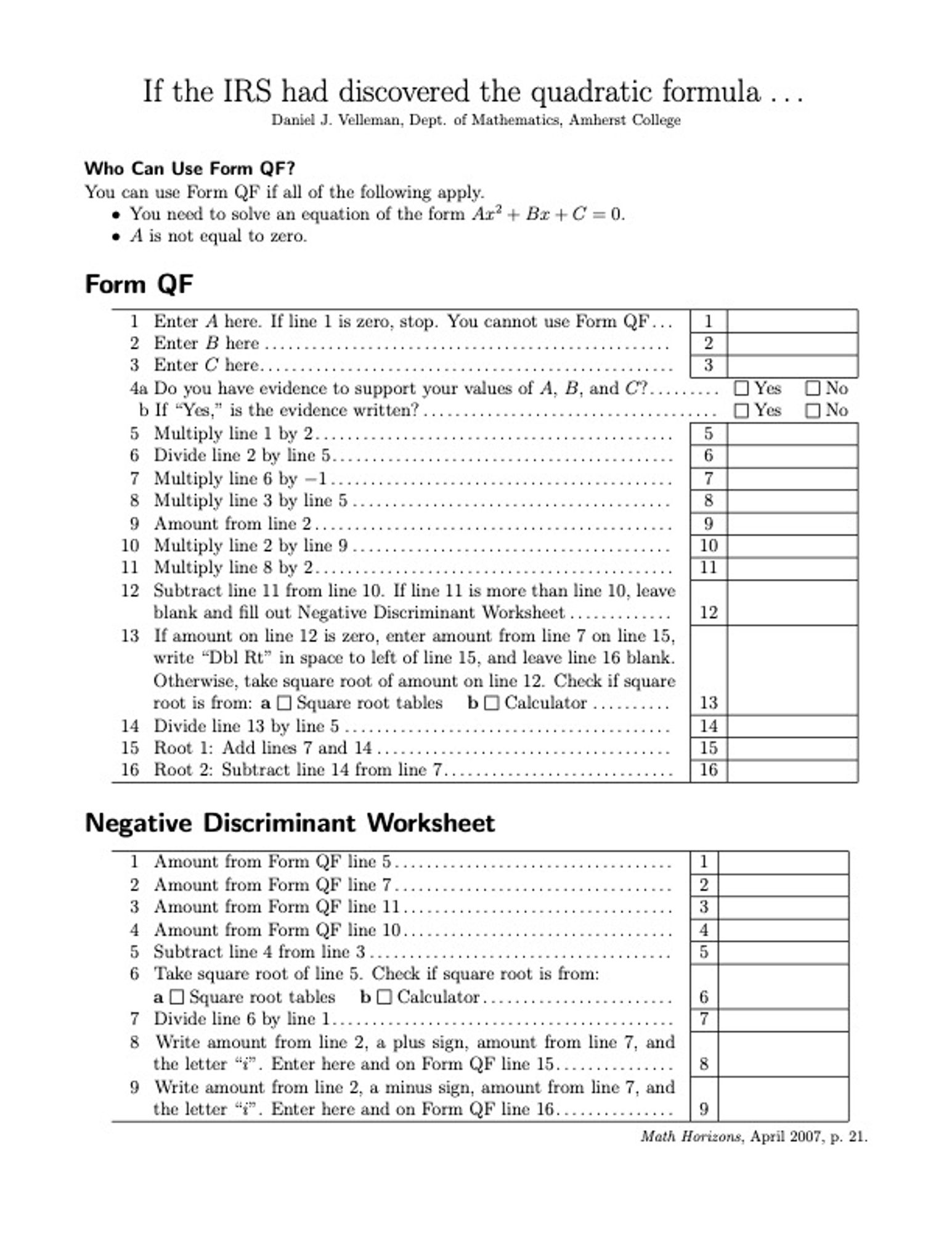 Worksheet that resembles a tax form but structures steps to the quadratic formula.