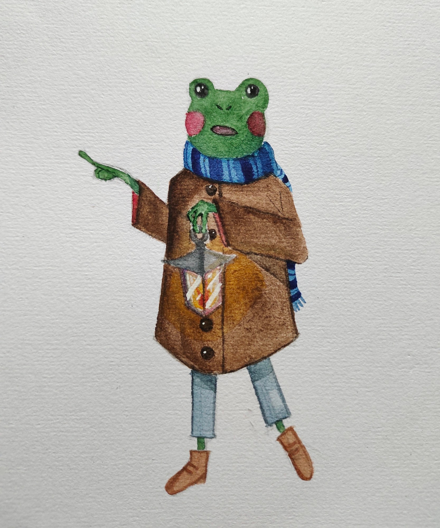 a watercolour picture of a frog in autumn clothes pointing to the right