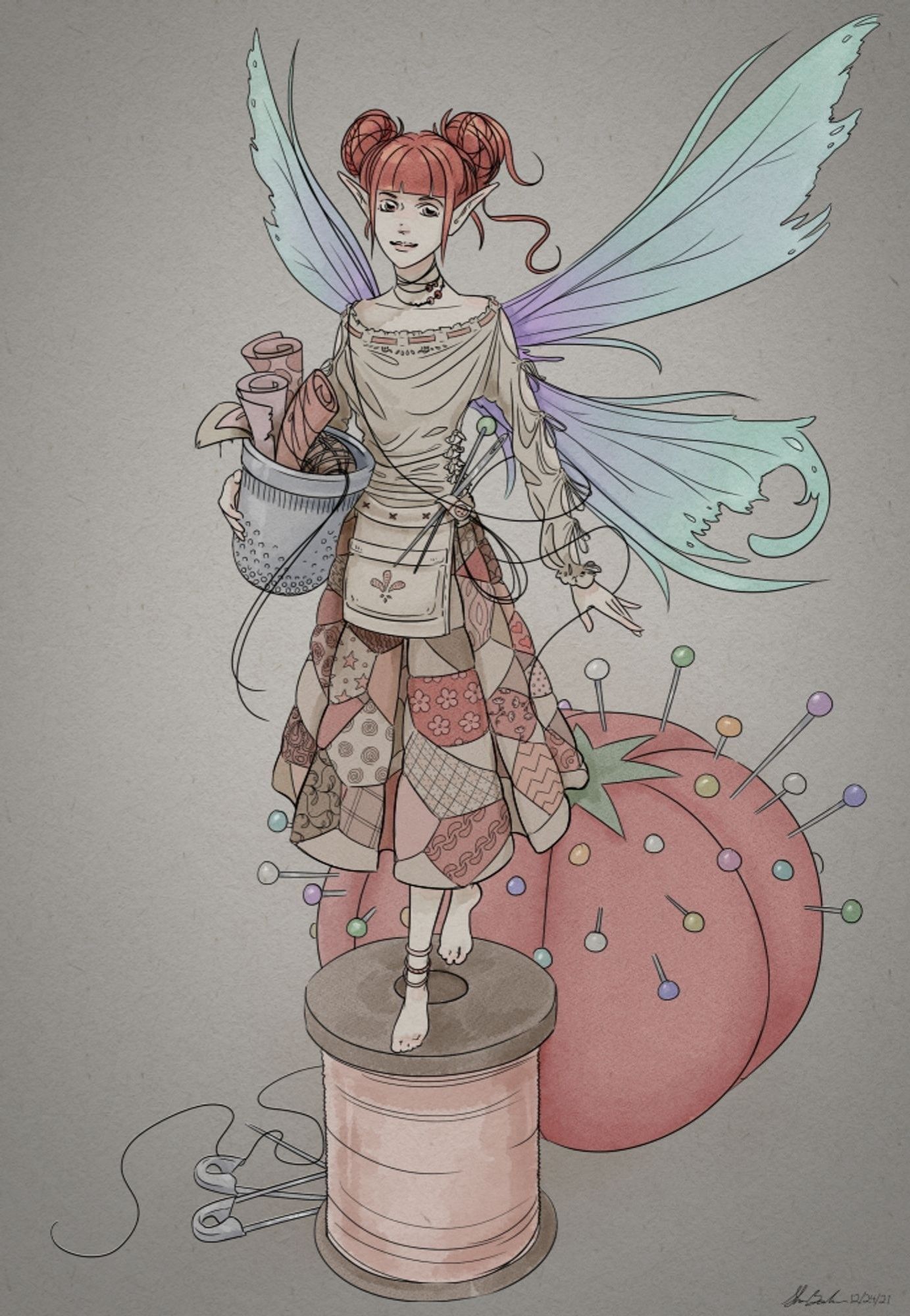 An illustration of a fairy standing on top of a bobbin of thread. She is wearing a patchwork skirt and a flowing gathered top. She has an apron through which she has threaded pins and needles and she is carrying a thimble within which she has gathered scraps of fabric and thread. Behind her is a tomato shaped pin cushion. Her hair is fashioned to resemble two yarn balls. Her purple and cyan wings are spread out behind her.