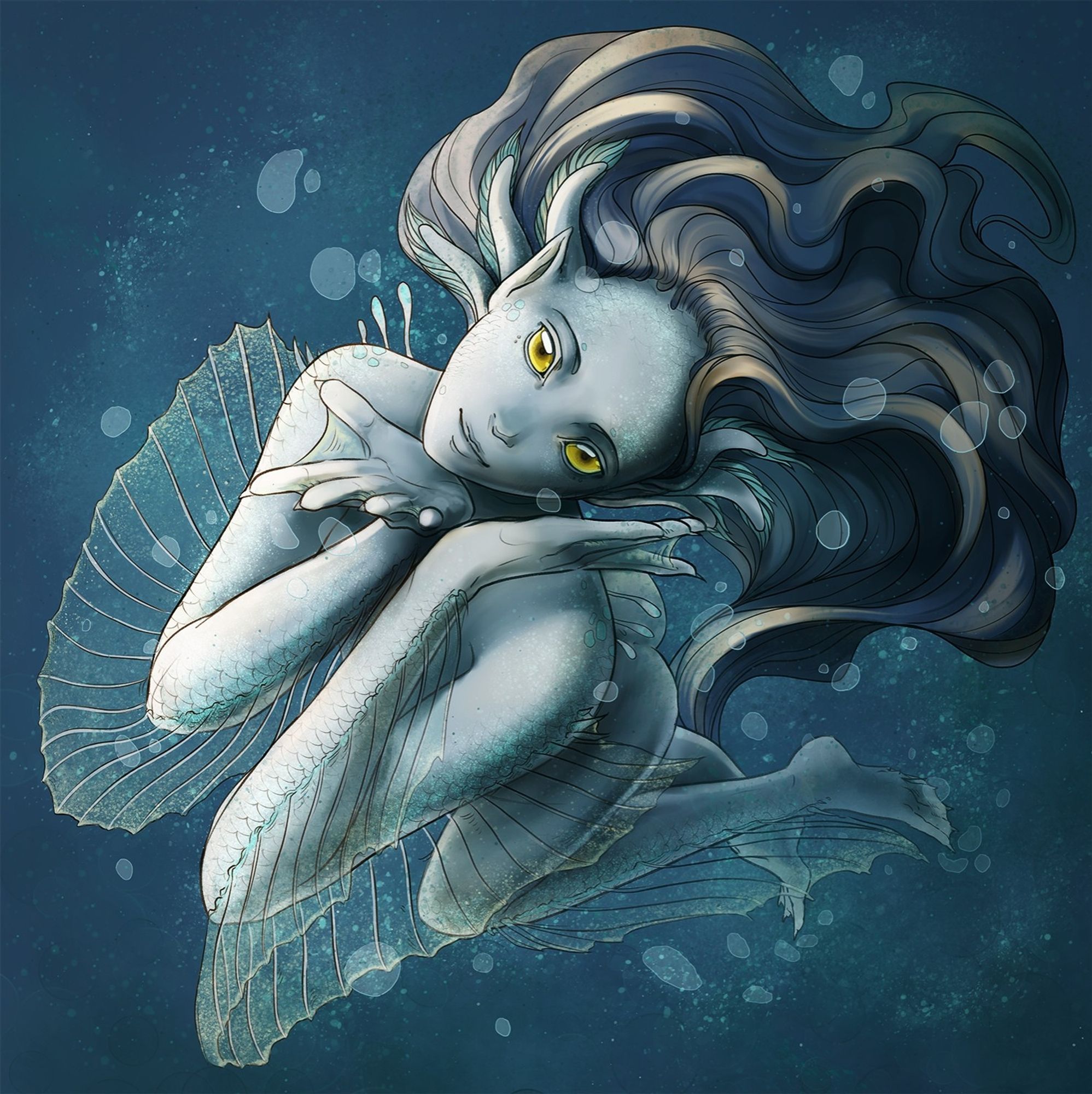 A mythological Nixie, or water spirit, represented as an attractive nude woman with aquatic features floating underwater amid bubbles that swirl around her. Her eyes are golden and her skin is teal with traces of shimmering iridescence on scales and fins. She smiles at the viewer sweetly, her hands framed around her face, her body leaned forwards with legs trailing behind her.