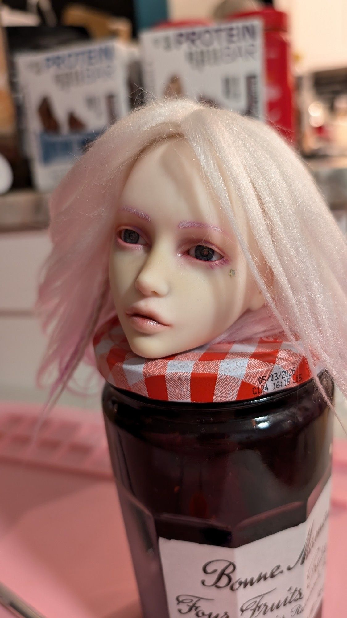 A complete faceup on a ball jointed doll head. She looks so sweet here. 