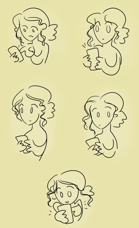 A simple comic showing a woman with curly hair browsing social media on her phone. She clicks something, then looks surprised. She looks to the left, and then to the right, then finally leans in close and clicks it again, phone pulled close to her body, an intrigued focused grin on her face.