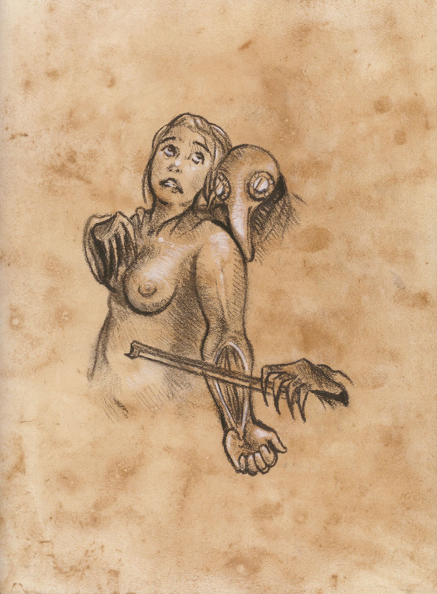 From "This Strange Relationship"

A nude woman is seen from the waist up. Her arm is held up towards the very, with the forearm split open to reveal the tissue beneath. A figure in a plague doctor outfit has one arm wrapped around the woman. The figure's other hand is holding the bow of a violin and is pulling it over the visible tendons of the split forearm. The woman is looking up and away, face pulled in a tight grimace as if she is trying to muscle through the agony.