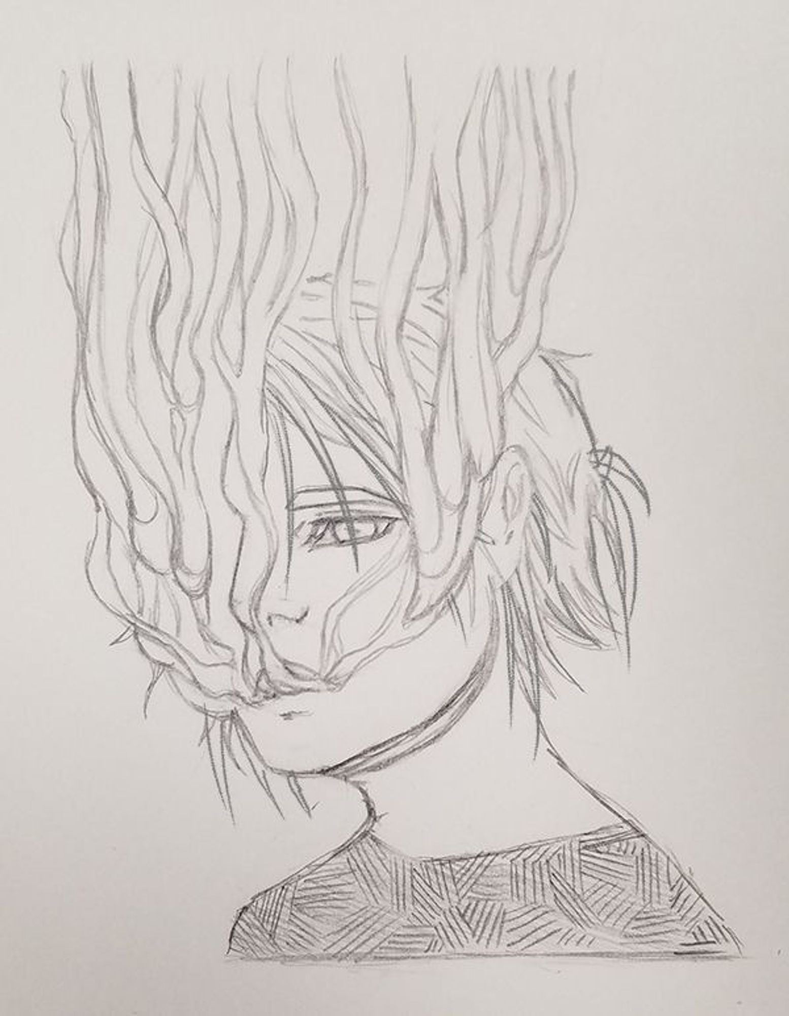 2021. A pencil sketch of a young man with slightly parted lips from which rises very stylized smoke, billowing and branching up and out to the top of the image, almost plant-like. His eye is centrally focused, situated between two pillars of smoke, staring straight out at the viewer. His shirt is simply rendered in a basic shaded hatch pattern. He has chin length hair, pulled back partially behind his head.