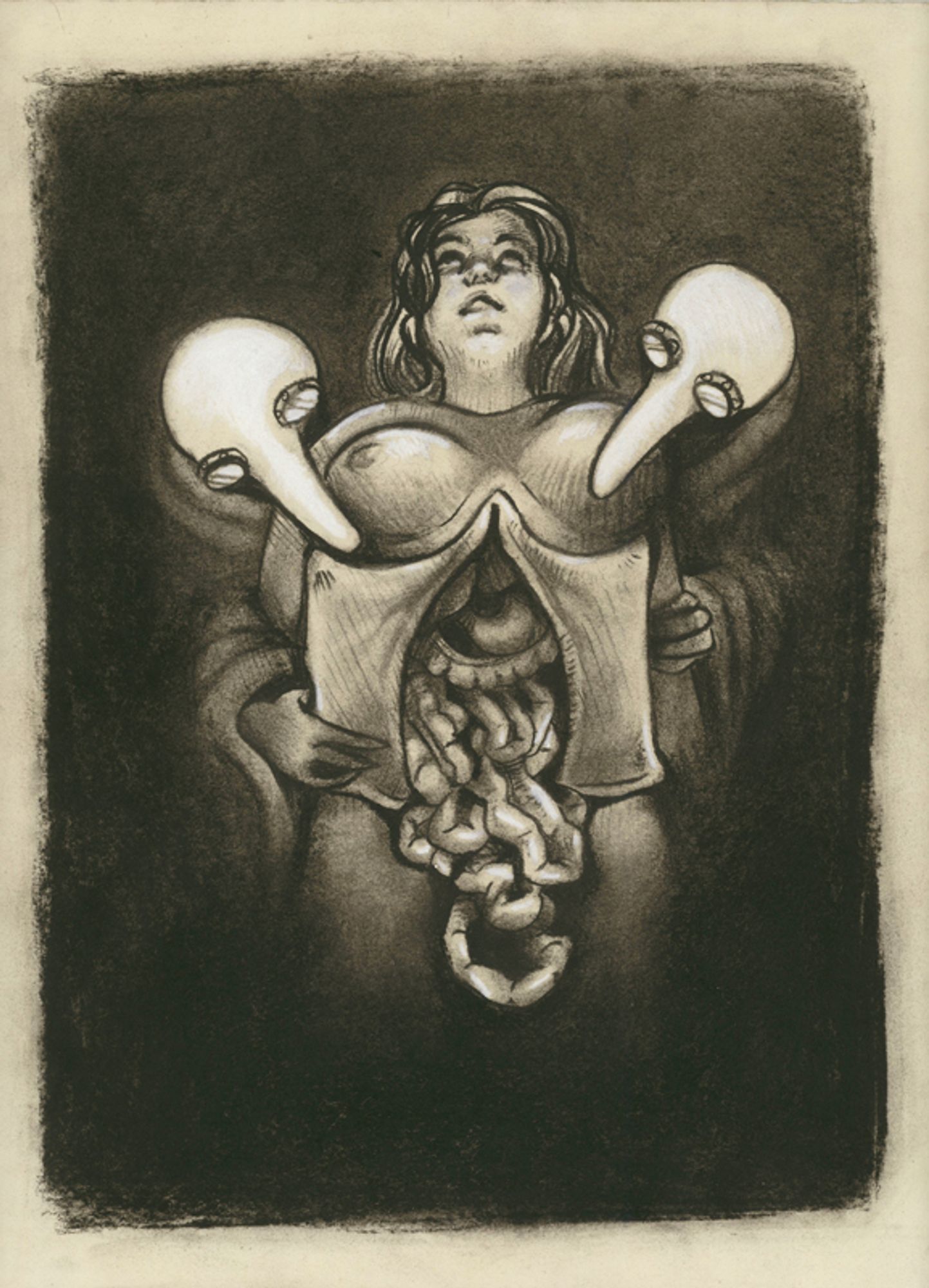 From "This Strange Relationship"

A nude woman seen from a high angle, leaned back, vanishing into charcoal darkness. Her stomach has been split open and two figures in plague doctors costumes hold it open for display. The internal organs spill out from the bloodless, open gash. The woman is looking up and away, though it is hard to tell if she is even aware of her circumstances.