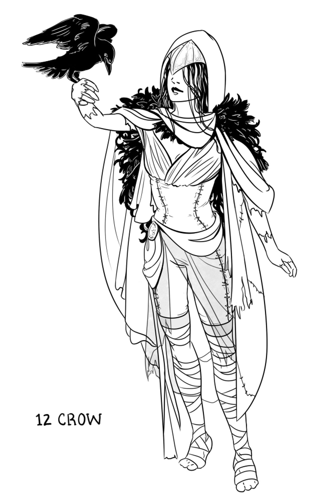 A digitally inked illustration of a woman dressed in fantasy garb holding her arm up for a crow to perch on. Her clothes are a mix of layered cloth and tattered pieces sewn together haphazardly and her legs are wrapped in bandage like long strips. Her beak like hooded visor covers her eyes and she has a shawl like cape of black feathers.