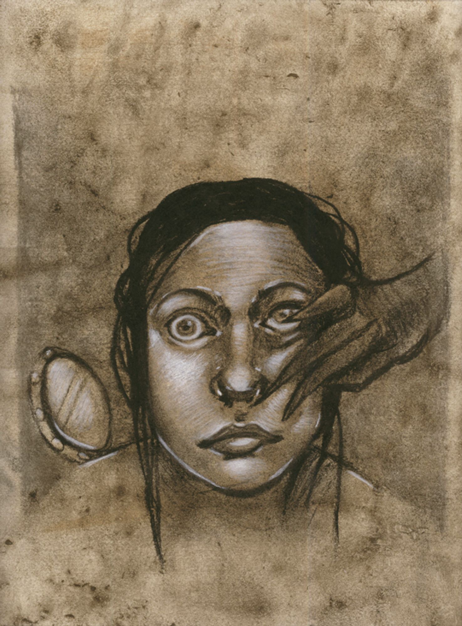 From "This Strange Relationship"

A female figure faces forward. One side of her face, including the eyeball, are being squished and pulled upward by a gloved hand with long, pointed fingers while the lens of a mask examines from the other side. The woman's expression is wide-eyed but surprisingly neutral, considering her circumstances.