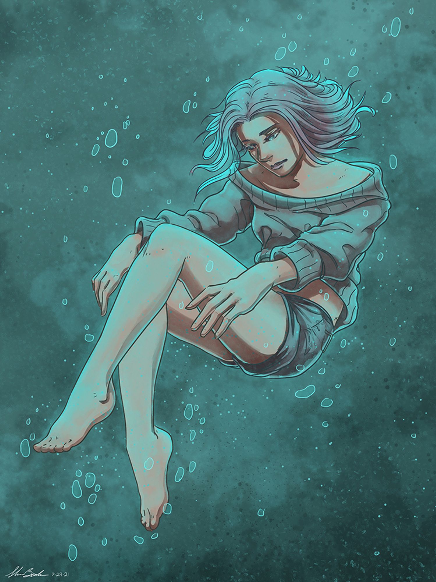 A young woman, floating adrift underwater, her face largely expressionless, perhaps contemplative or morose. The image is heavily tinted in cyan teal. The woman wears denim shorts and a loose wide necked sweater that hovers around her body in the water. Her arms are held out in front of her and her knees are pulled upwards in an unconsidered but not quite fetal position. She seems to be lit by a cyan glow from an unknown source.