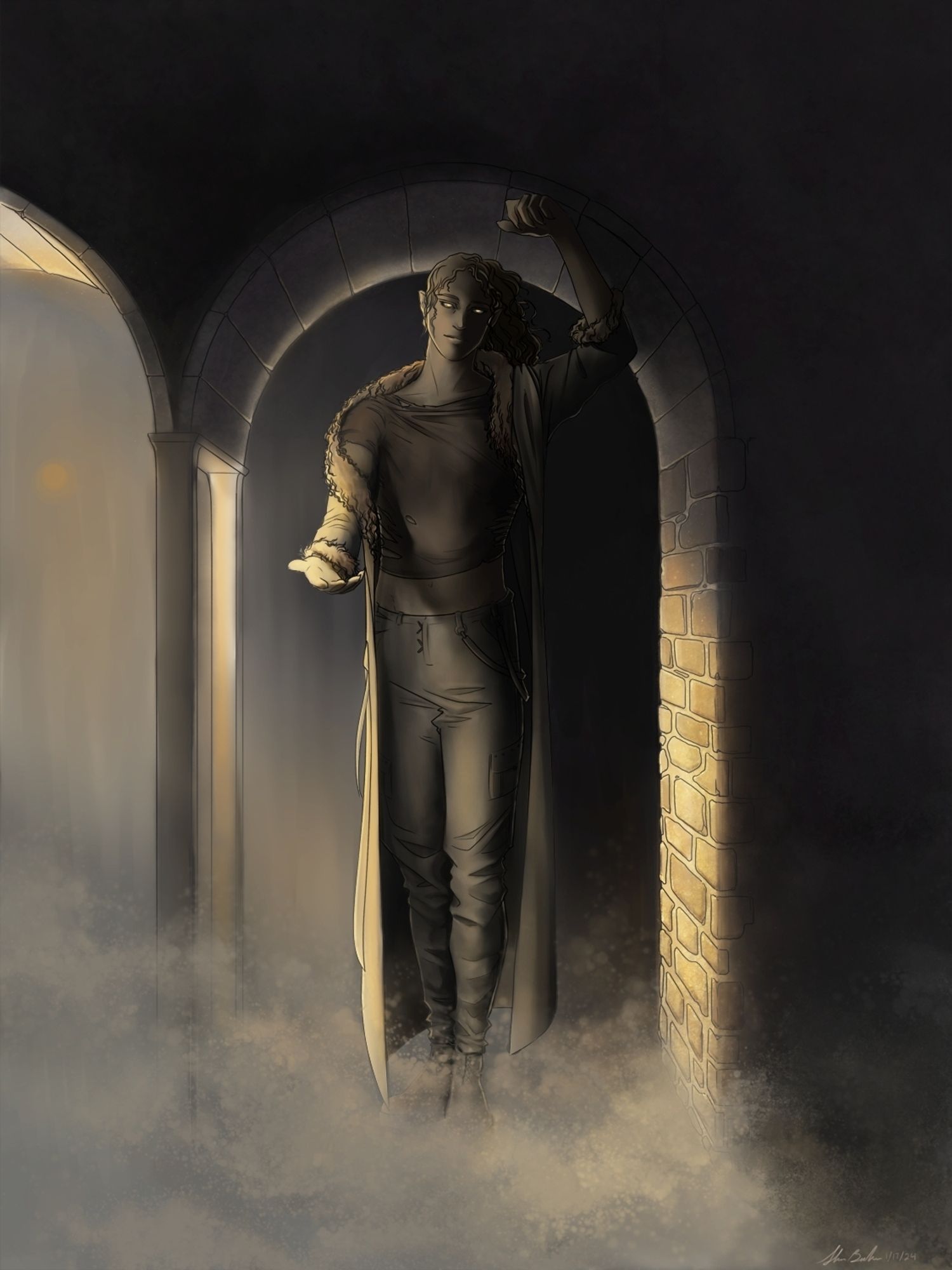 Kill Your Darlings. A man stands under a low arch, one wrist braced against the stone above him, the other outstretched to the viewer in beckoning. His fur lined jacket slips from his shoulder. Fog covers the ground. Yellow light, evoking street lamps, vividly radiates over sections of the image. The rest is cast into deep dark shadow. The man's eyes glow a similar golden hue, and his ears are unnaturally pointed. On closer inspection it seems this might not be a man at all, but a vampire.