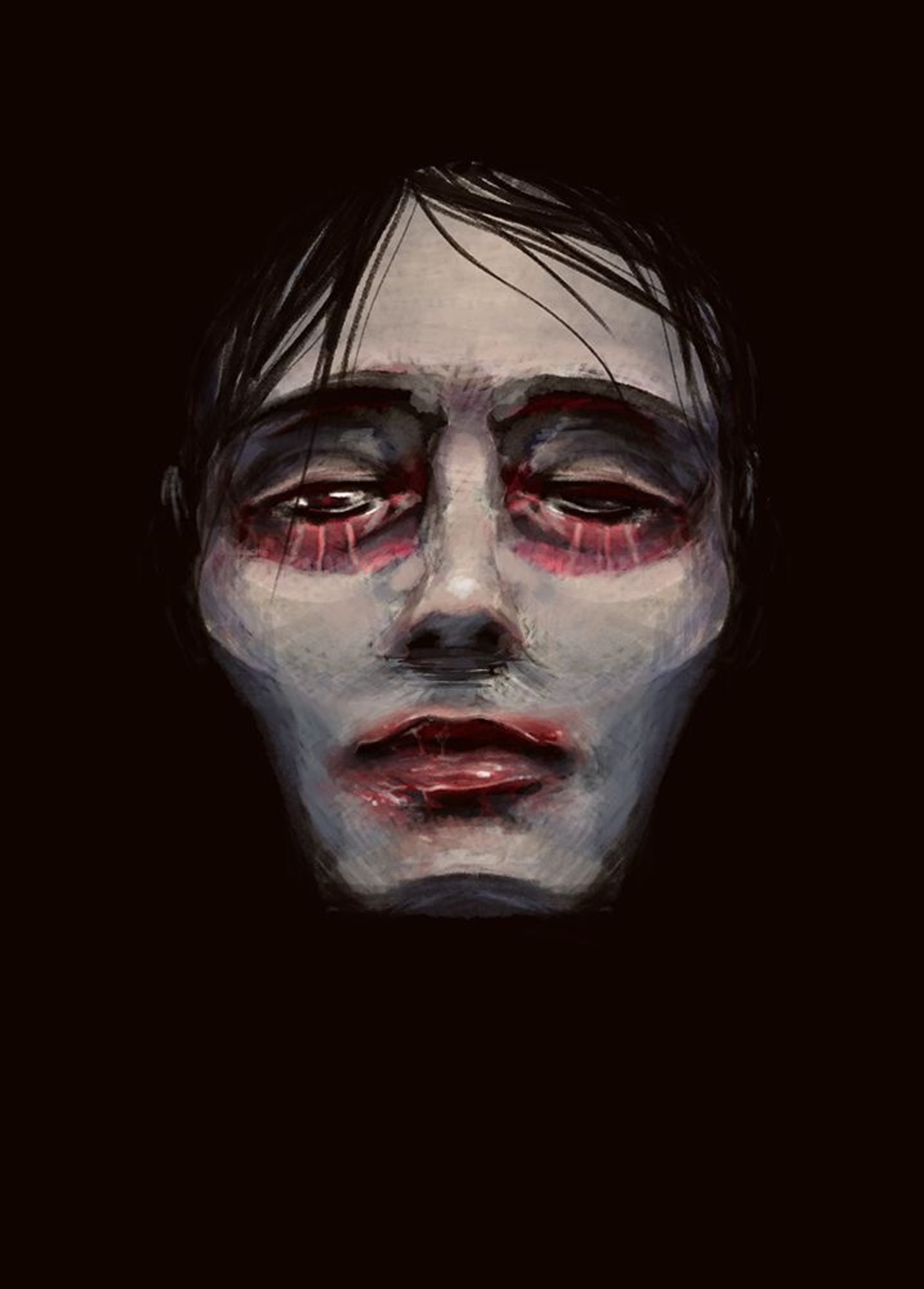 2017. A face rising from heavy pure blackness. The skin is pale, with dark, limp, short, hair drawn across it. There are dark red circles marked with scars under the eyes, one of which is missing from the socket. The mouth is wet and stained red by blood and saliva.