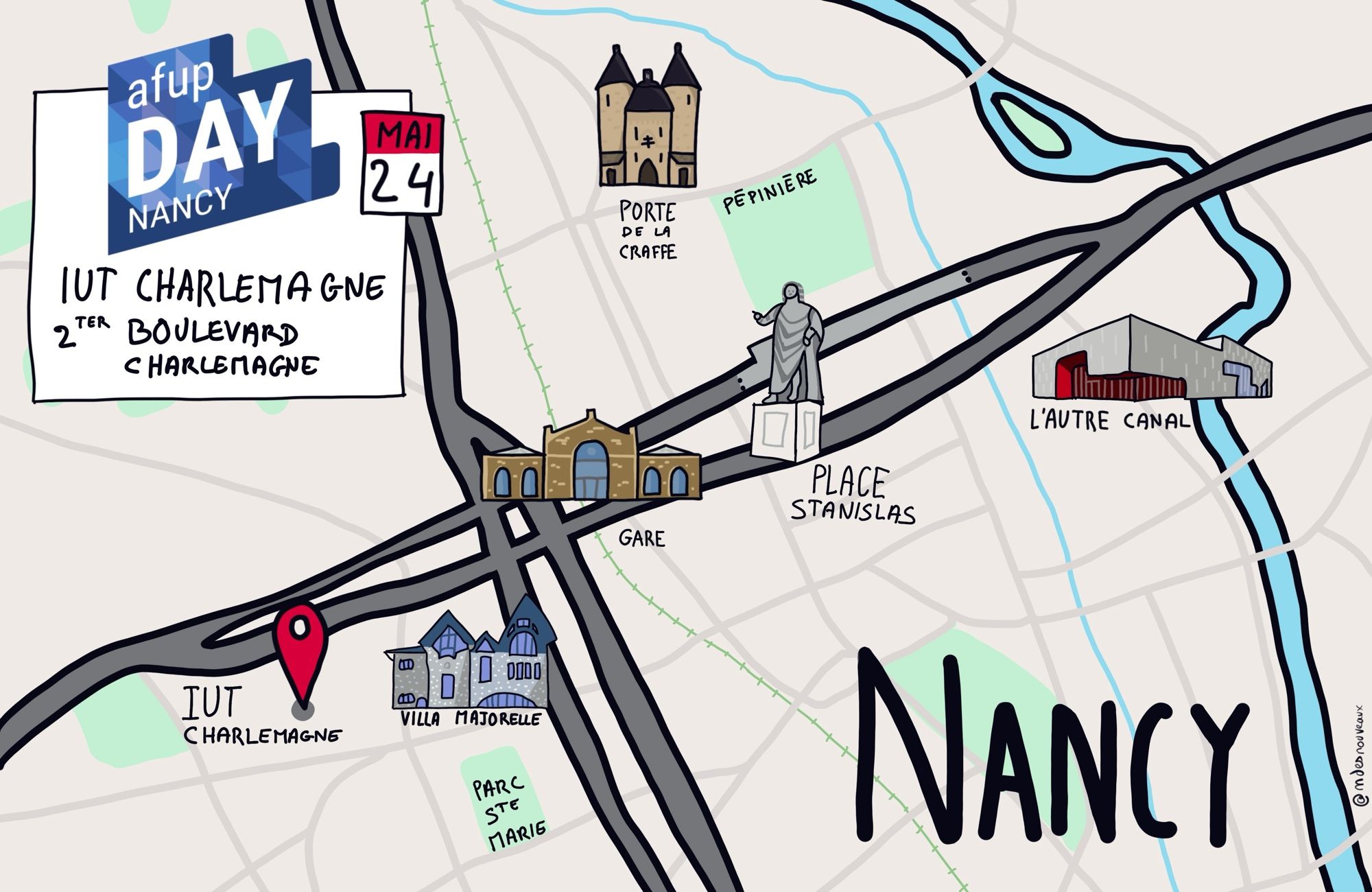 Carte dessinée de la ville de Nancy avec des petits dessins représentant quelques lieux emblématiques de la ville : la porte de la Craffe, la gare, la Villa Majorel, L’autre Canal et bien sûr la place Stanislas