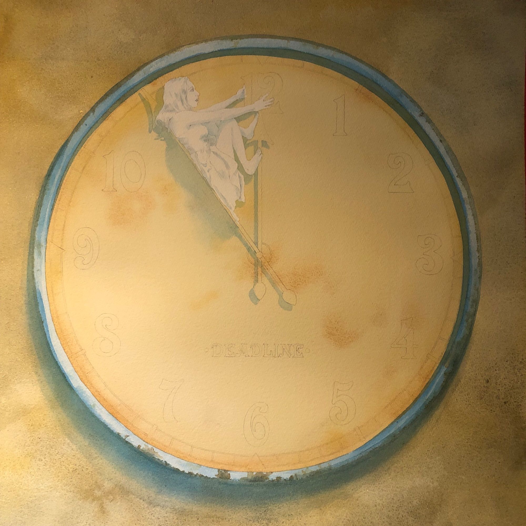 Work in progress image of my current water colour painting “deadline“. A figure of a woman is perched between the long hand, and the short hand of a clock, the time showing 11:54. She is being squeezed between the two hands of the clock. The surface of the clock face is mottled and stained with rust, antiqued.  The outer background around the rim of the clock has been painted with granulating colours and shimmering gold. It is quite distressed looking, like old wallpaper. The figure has not yet been painted, neither have the numbers, nor the clockhands, nor the rim of the clock. Those are still blank and I have yet to paint them.