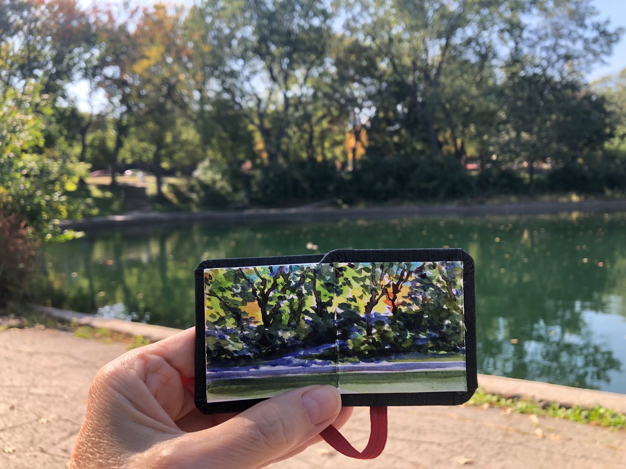 My left hand is holding up my tiny sketchbook, approximately 2” x 4”, with a painting of the view of Parc La Fontaine’s pond. I’m holding the sketchbook up with the painting in it in front of what I have just painted. There are trees across the pond and the sunlight is coming through it. I always like to see what my painting looks like once I have finished it, holding it up in front of what I have just painted.