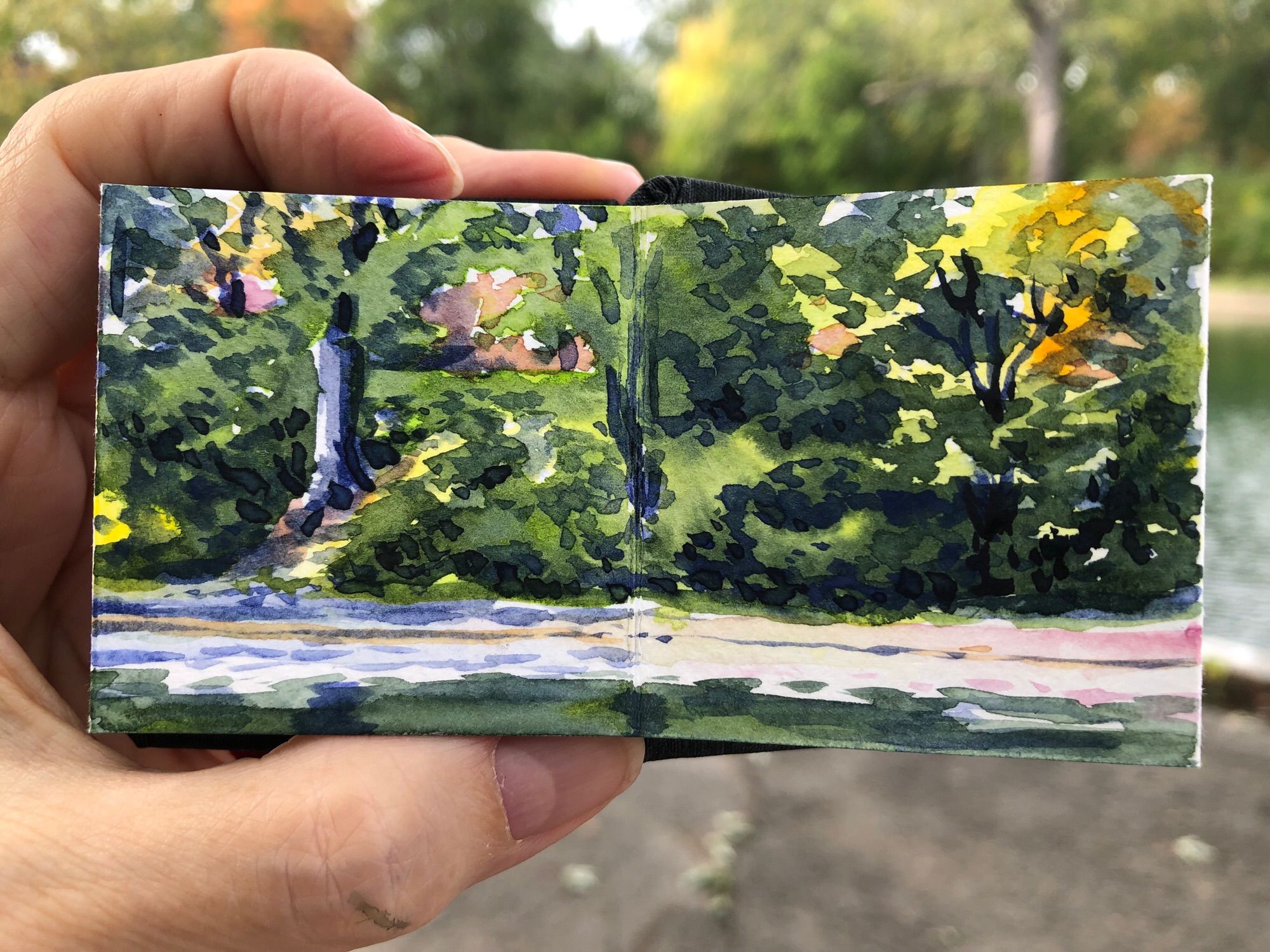 My left hand is holding up my tiny sketchbook with a watercolour painting in it. The sketchbook is open at about 2” x 4” horizontally. It is a tiny painting of the opposite side of Parc Lafontaine pond. The colours are autumnal, and there are some tree trunks along the edge of the pond with some foliage.