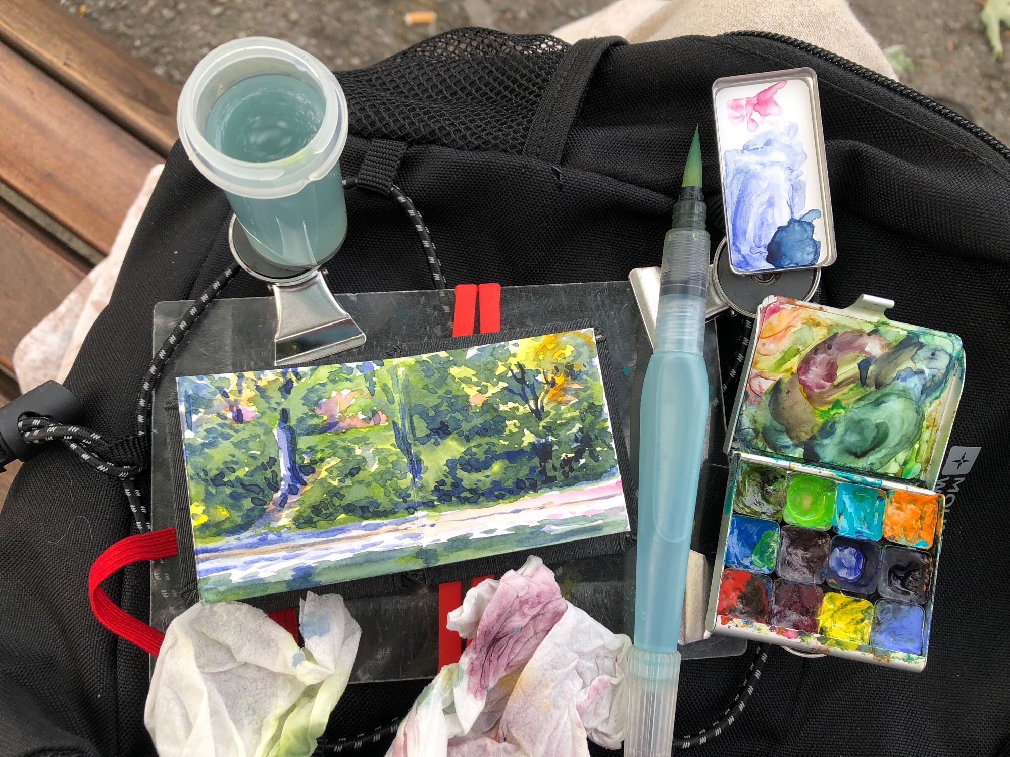 My tiny watercolour sketchbook is in my lap with the few that I have just painted. It is a view of the pond at Parc Lafontaine, with trees and foliage in autumn colors. Beside the sketchbook in my lap is my watercolor paint palette, a paint brush, and my water container.