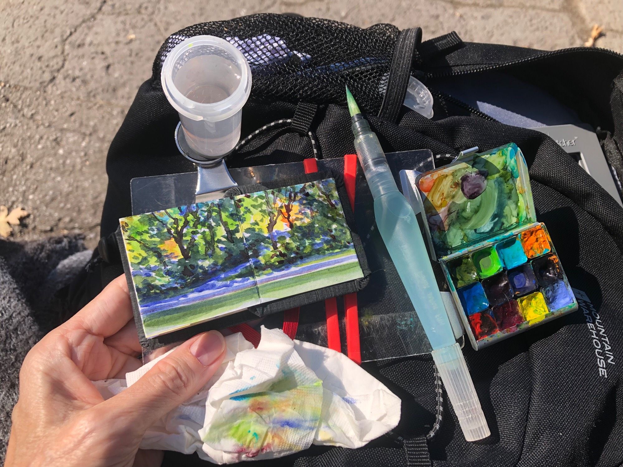 My Tony schedule book is in my lap alongside my paint, palette, my brush, and my water container. I also have a piece of tissue that I used to blot the excess paint onto from my brush. The painting that I have just done in the open sketchbook is a view across the pond here at Parc La Fontaine in Montreal. It shows the sunlight coming through the trees, and falling with shadow dappled onto the ground along the edge of the pond.