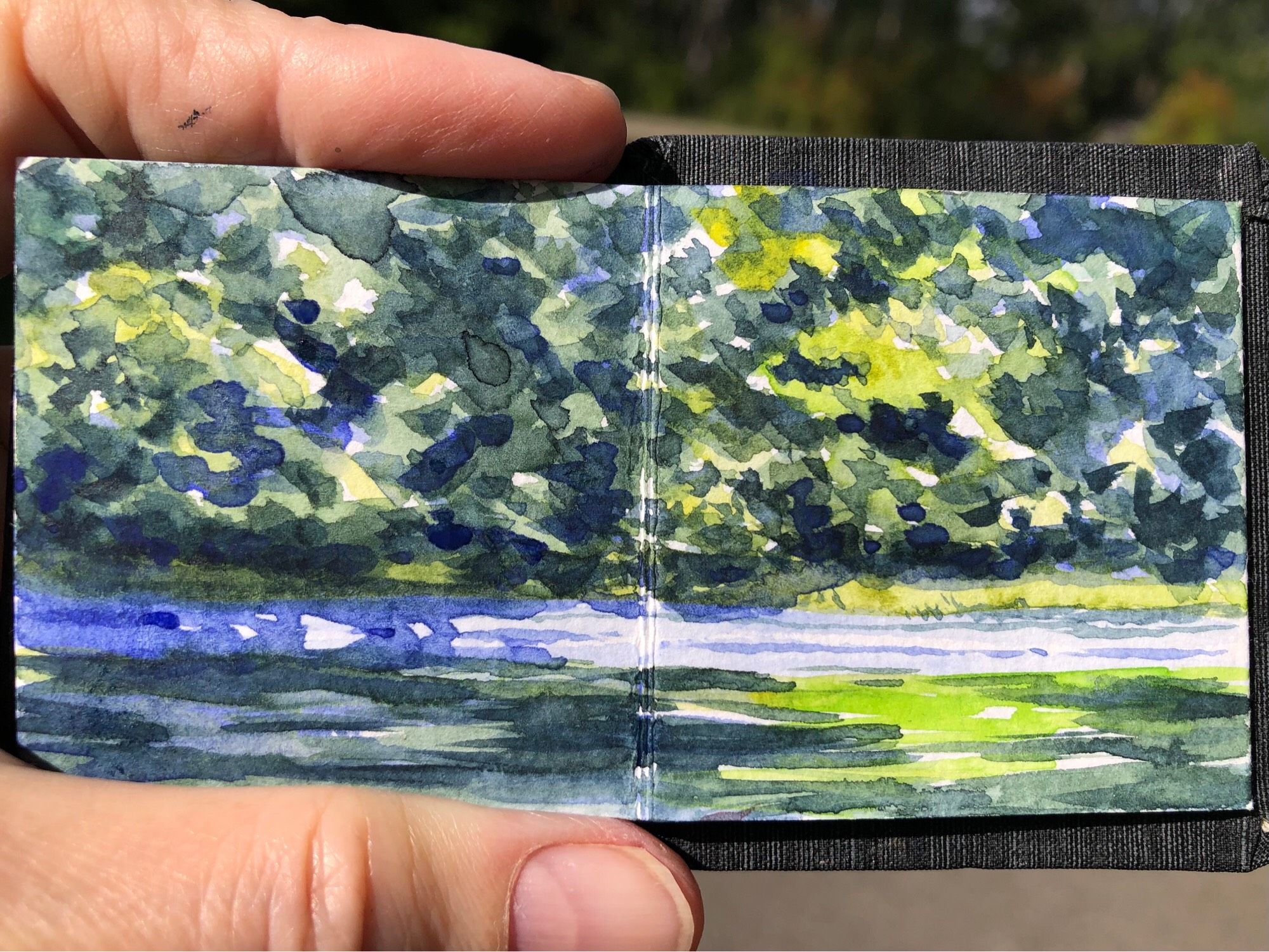 Close-up of a plein air painting of the pond at Parc Lafontaine. This painting is done and watercolour in my tiny sketchbook. It shows some shadows falling across the trees in autumn light and reflecting in the pond.