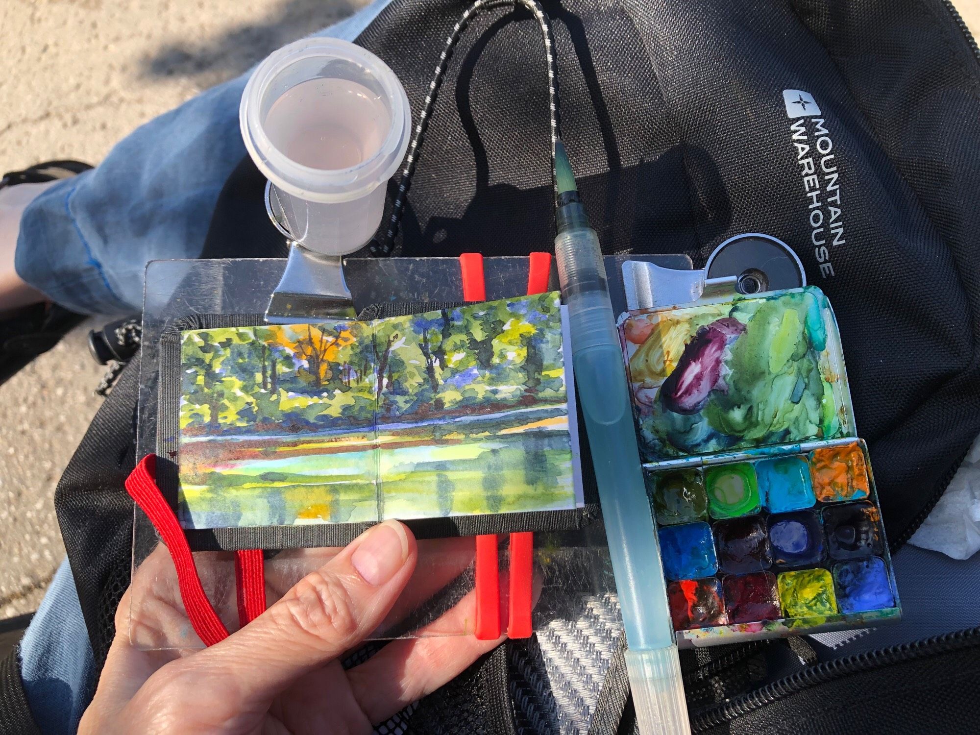 My tiny sketchbook is on my lap, open to the page of the scene that I am just painted in watercolor. It is a view of the pond at Parc Lafontaine, in Montreal, with trees and sky reflected in it. It is an autumn scene. On my lap beside the sketchbook is also my watercolour palette of paints, my brush, and my water container.