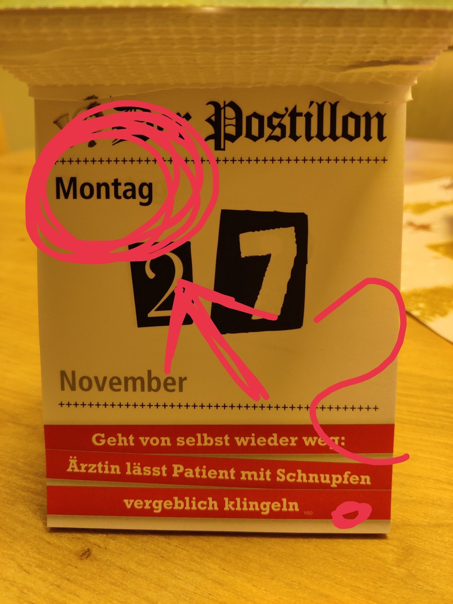 Ein Kalenderblatt vom Postillion-Kalender auf dem am 27.12.23 Tag tatsächlich ein Montag zu sehen ist...