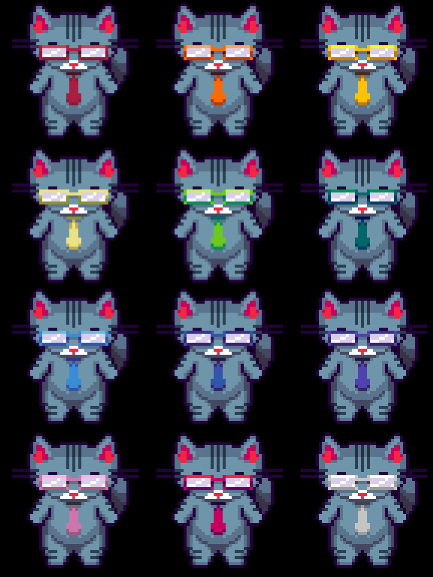 12 cats walking upright with 12 different colors of tie/glasses.