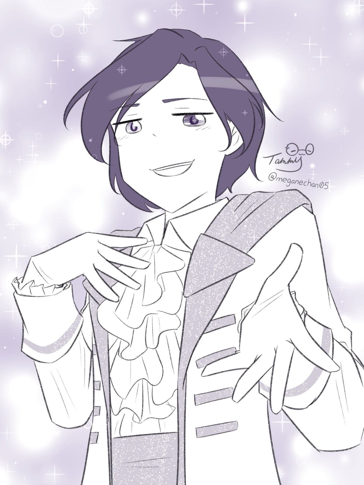 A drawing of Rita Kaniska from "Ohsama Sentai KingOhger" wearing a suit from the alternate timeline. They are posing like a typical anime prettyboy with their right hand on their chest and their left hand held out to the viewer.