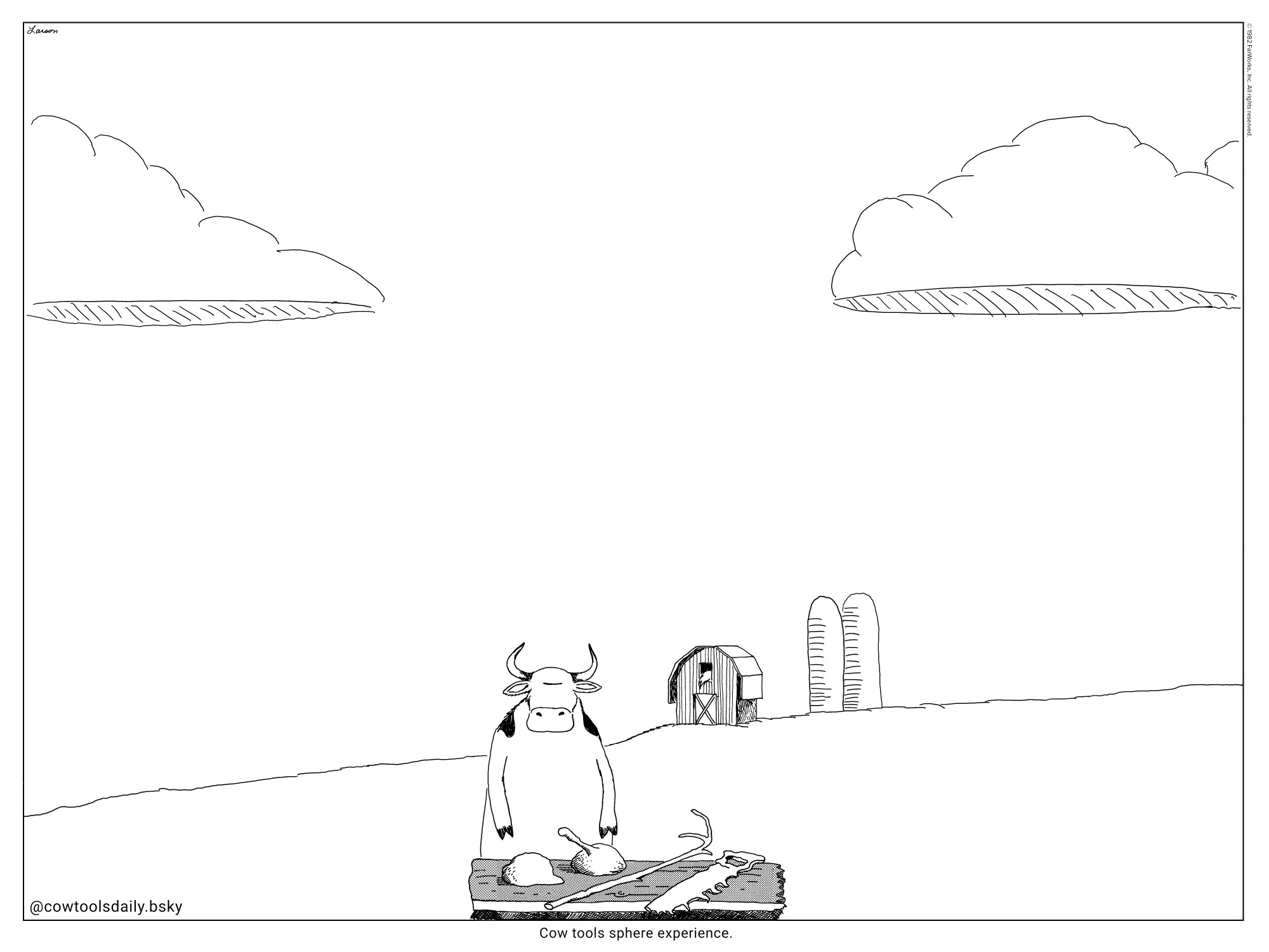 A big wide angle view of a pasture that is hopelessly empty and boring except for a small cow at a small table with tools on it in the middle of the bottom of the frame. The cow, table, tools, and barn behind it are a consistent art style, while the added silos, landscape, and clouds surrounding the tiny focus of the image appear to be a slightly different and worse art style.
