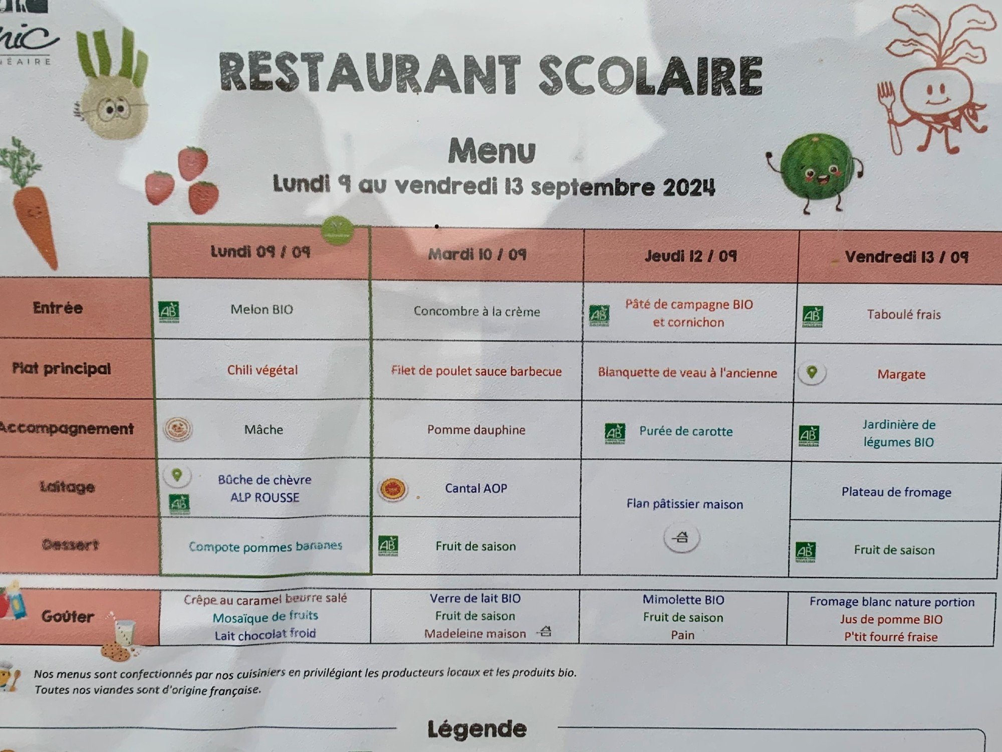 Photograph of a primary school lunch menu displayed outside a school in France, showing a 4-course lunch every day, plus after school snack.