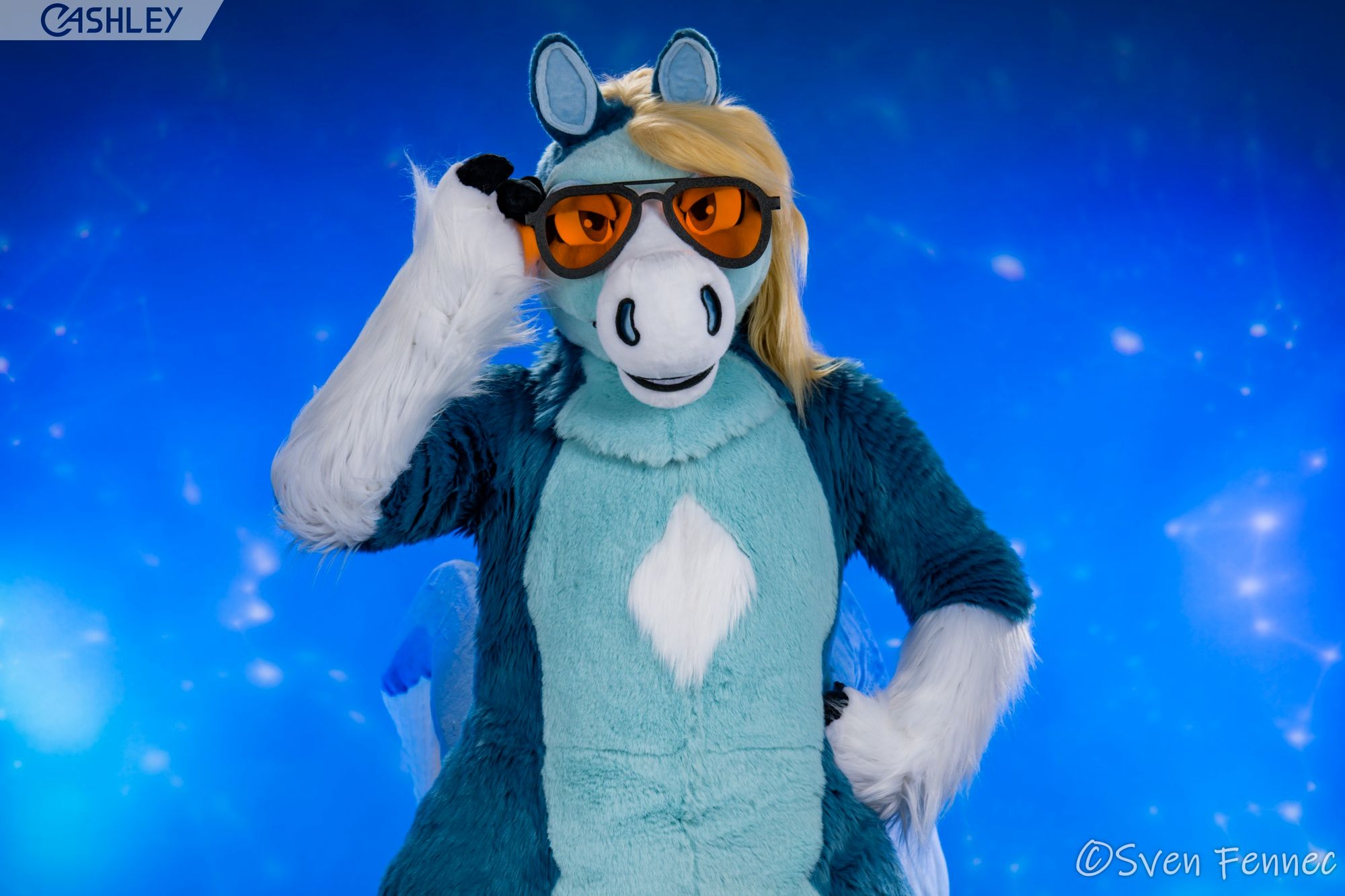 A studio photograph of a blue pegasus fursuiter standing in front of a constellation backdrop. His right hand is adjusting a pair of orange aviator sunglasses and his left hand on his hip.