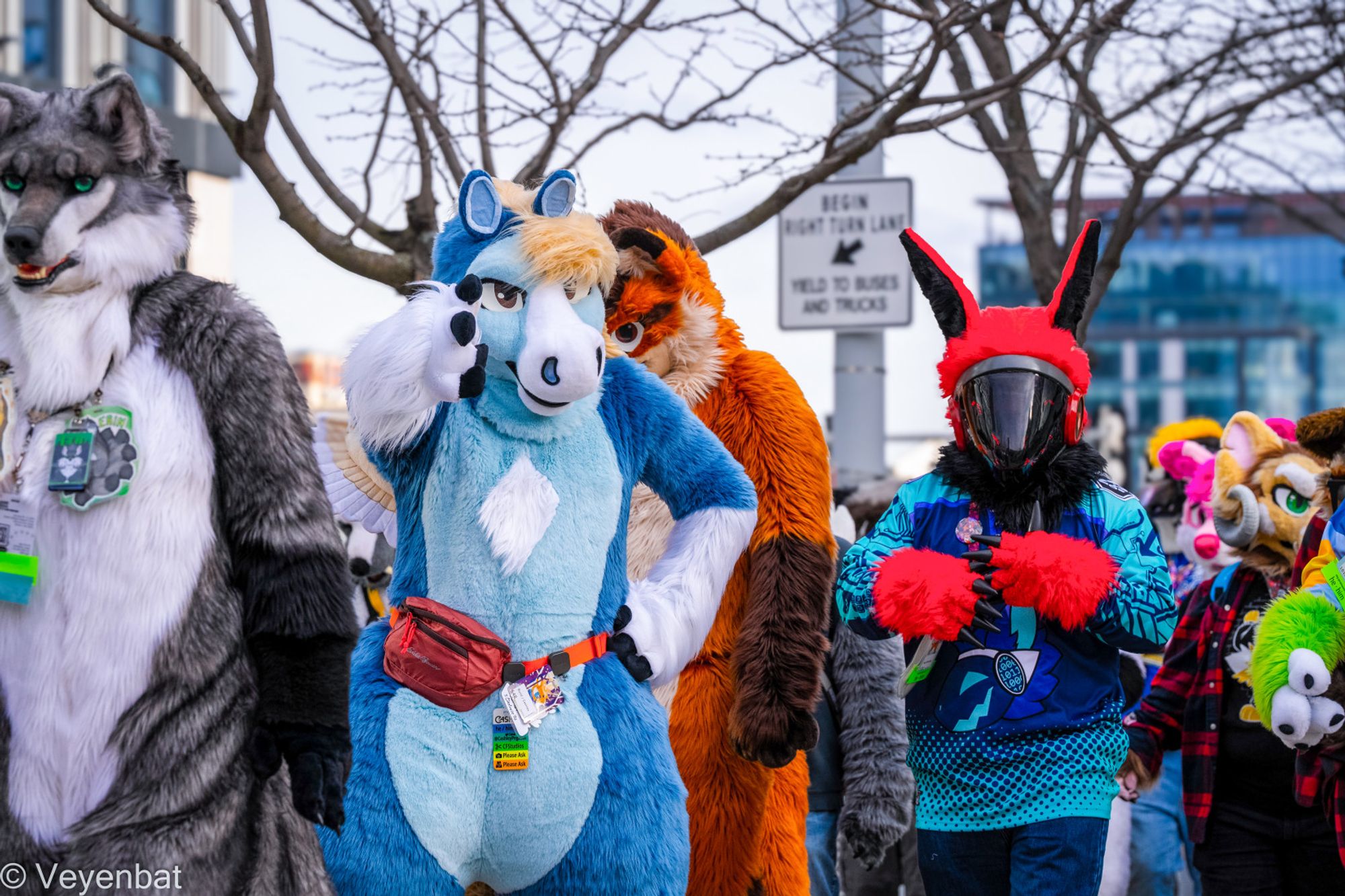 This is a candid picture of several fursuiters outside in Boston during the 2024 Anthro New England fursuit parade. Near the center of the frame is a blue pegasus fursuiter pointing at the camera.