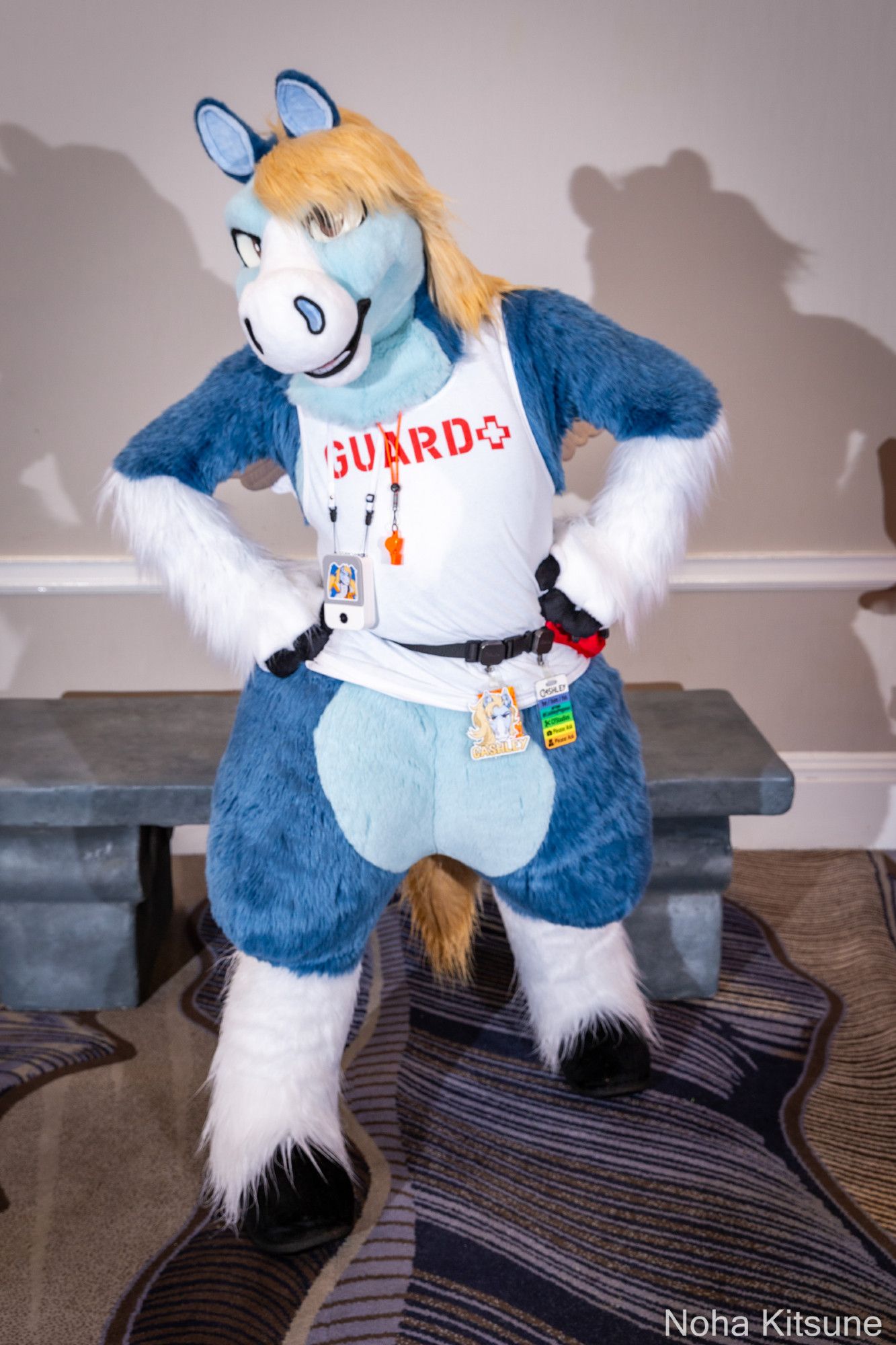 A photograph of a blue pegasus fursuiter at ConFuzzled 2024, standing in front of a grey bench with a plain white wall and cast shadows behind him. He's facing the camera with his right hoof slightly forward and with his hands on his hips. He's wearing a white lifeguard tank top with a red whistle on a lanyard around his neck.